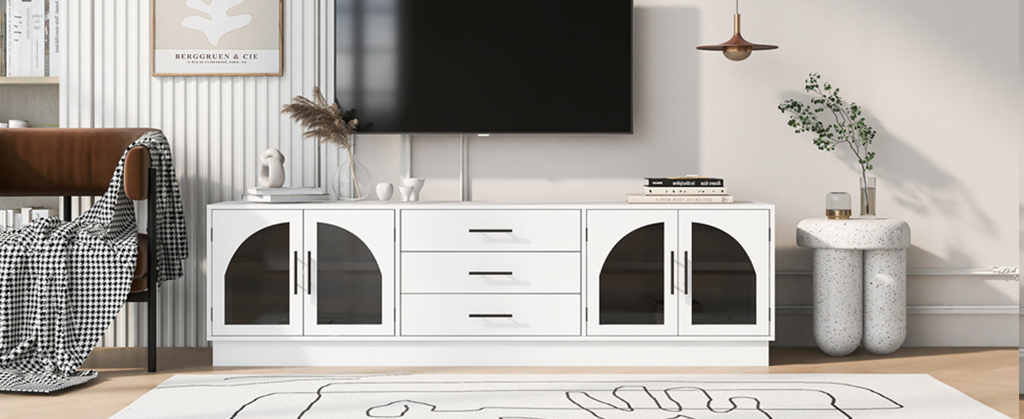 68.9'' Modern Minimalist Tv Stand For Tvs Up To 75 Inches, Entertainment Center Media Console Cabinet With Adjustable Shelves For Living Room White 70 79 Inches Mdf