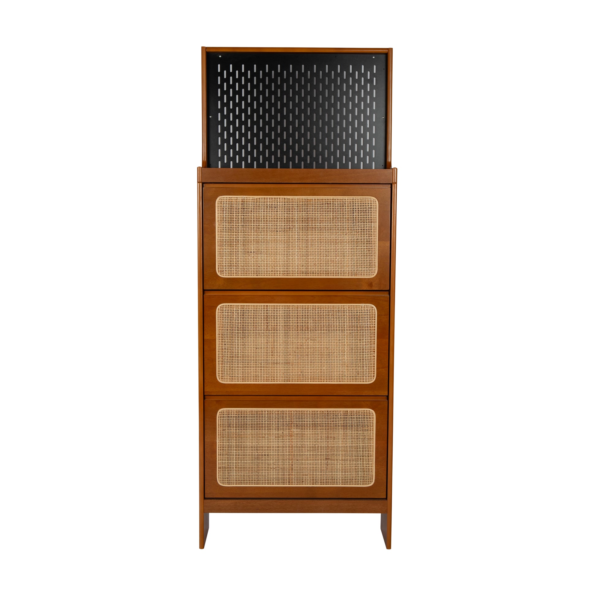 Rattan Shoe Cabinet For Entryway, Free Standing Shoe Rack With 3 Flip Drawers & Black Pegboard, Hidden Narrow Shoe Cabinet For Entrance Hallway, 24.88"W X 7.88" D X 65"H Walnut Mdf