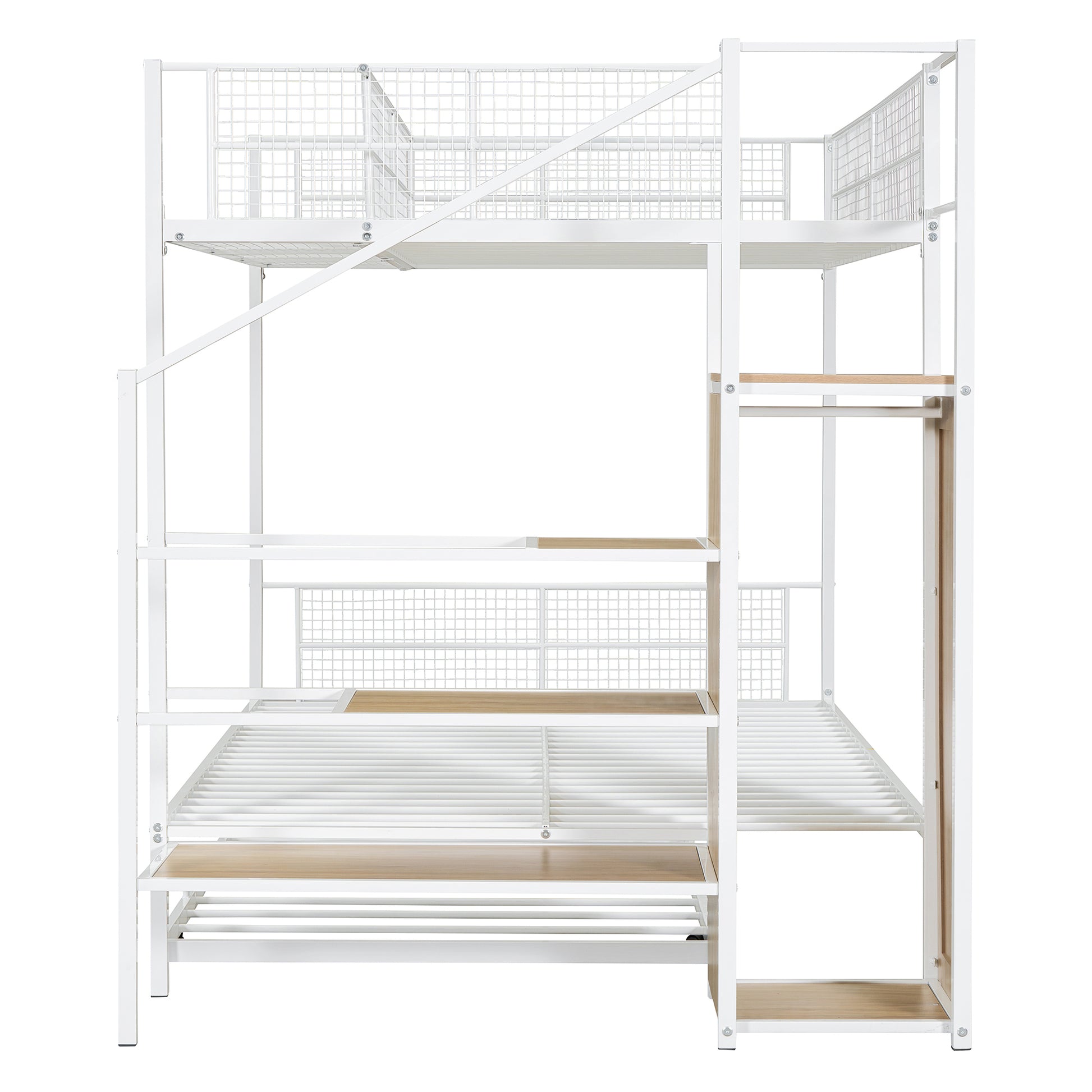 Twin Over Full Metal Bunk Bed With Trundle And Lateral Storage Ladder And Wardrobe, White White Metal