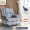 Manual Recliner Chair With Rocker And Swivel In Fabric For Living Room, Blue Blue Polyester Manual Handle Metal Primary Living Space Medium Firm Cushion Back Heavy Duty American Design Pine Pillow Top Arms Fiber Foam And Polyester Fiber Pad Fabric