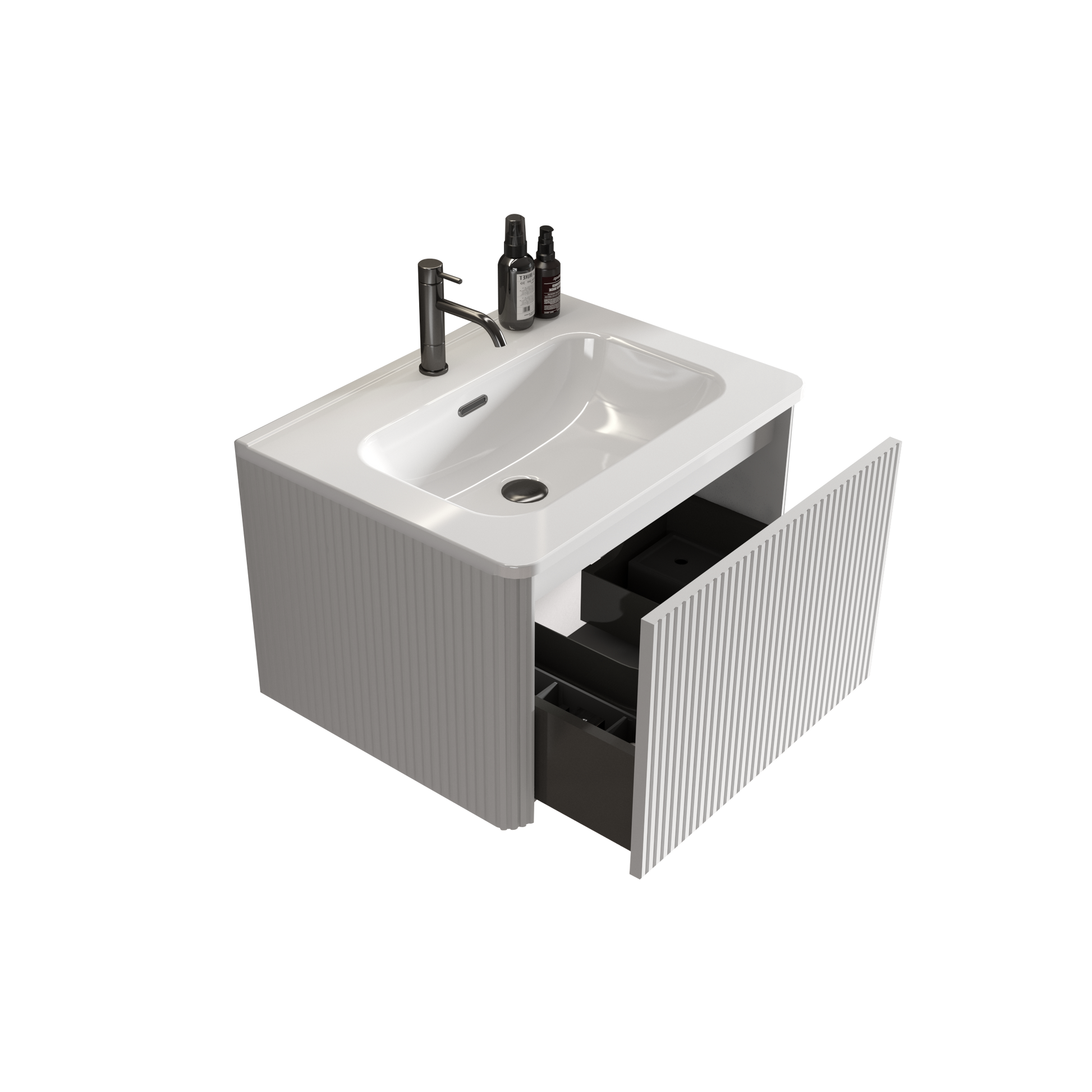 U059 Etna24W 301 Etna 24" Striped Soft White Bathroom Vanity With White Ceramic Sink, Wall Mounted Floating Bathroom Vanity For Modern Bathroom, One Piece White Sink Basin Without Drain, Pre Assembled White Bathroom Modern Melamine