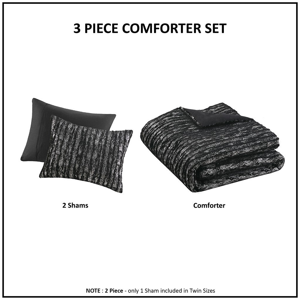 Metallic Print Faux Fur Comforter Set Queen Black Silver Polyester