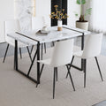 Table And Chair Set.A Modern Minimalist White Marble Veined Mdf Dining Table With Metal Frame.Paried With 4 Chairs With Pu Cushions And Black Metal Legs. White Seats 4 Mdf Metal