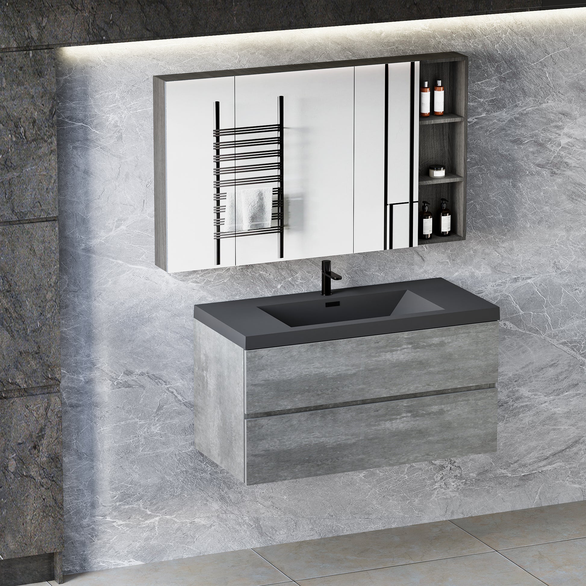 42" Floating Bathroom Vanity With Sink, Modern Wall Mounted Bathroom Storage Vanity Cabinet With Black Quartz Sand Top Basin And Soft Close Drawers, Grey 24V12 42Gr 2 Grey Wall Mounted Melamine