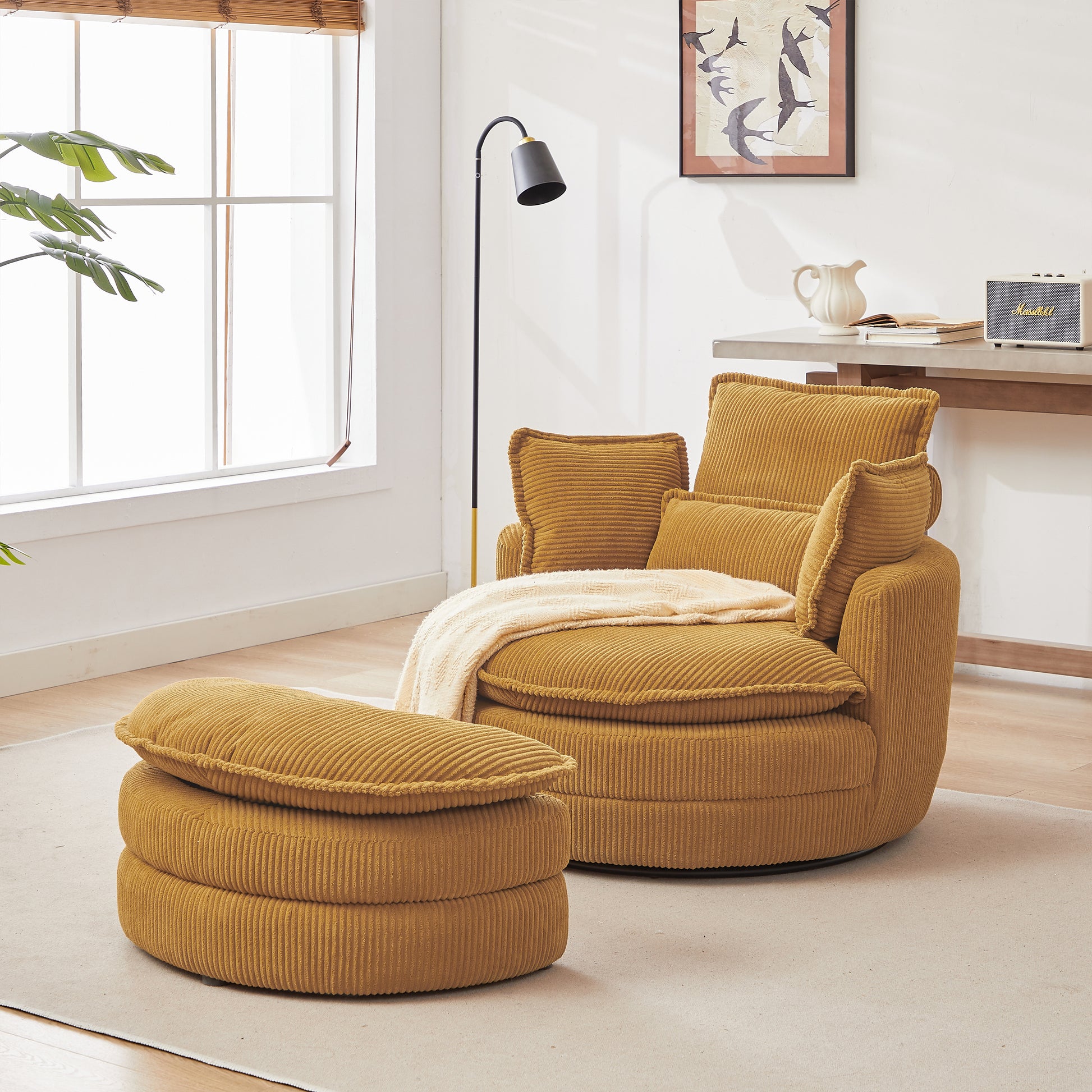38"W Oversized Swivel Chair With Moon Storage Ottoman For Living Room, Modern Accent Round Loveseat Circle Swivel Barrel Chairs For Bedroom Cuddle Sofa Chair Lounger Armchair, 4 Pillows,Corduroy Yellow Foam Corduroy 1 Seat