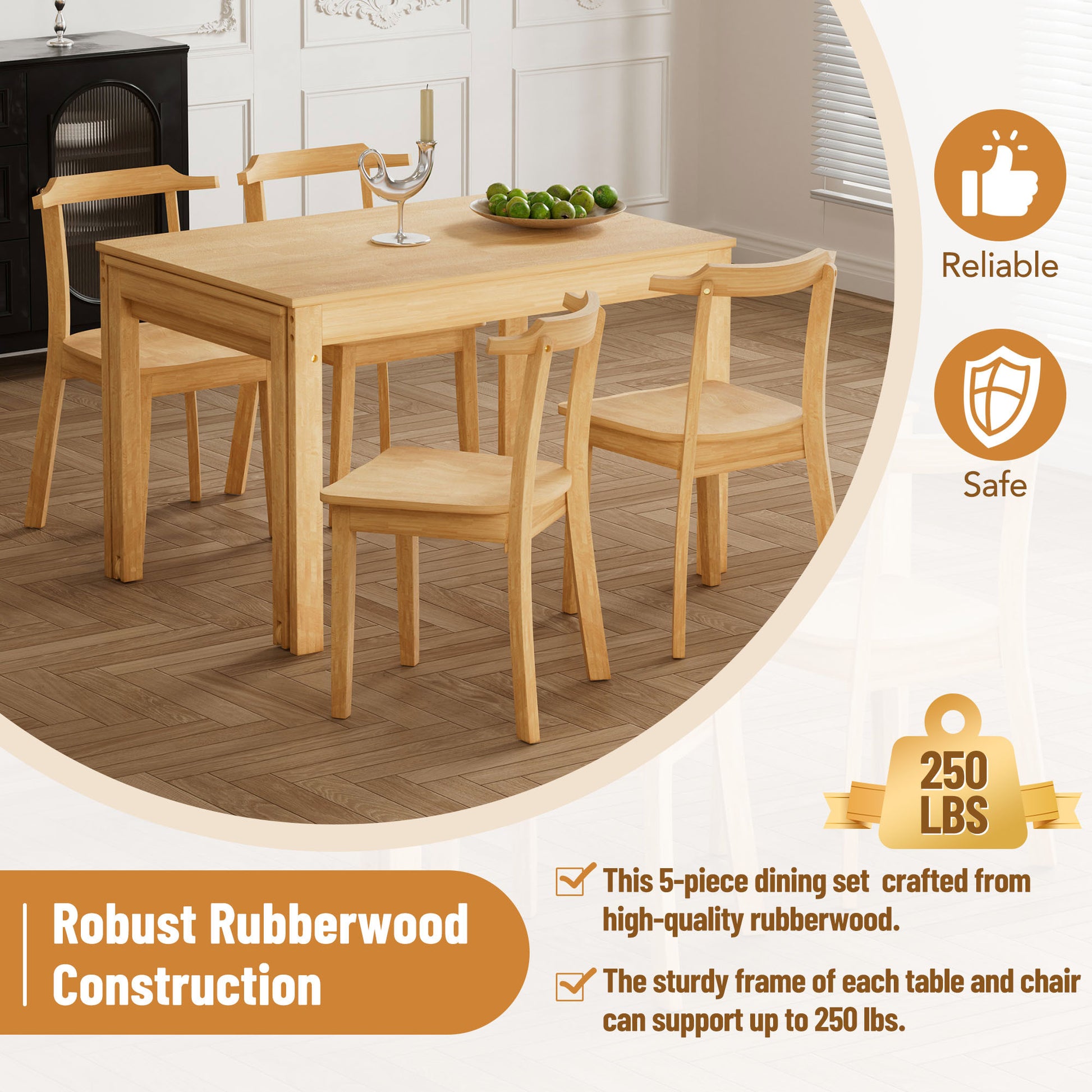 Farmhouse 65" 5 Piece Extendable Dining Table Set With Wheels Kitchen Table Set With 17.7" Pull Out Side Table And Dining Chairs For Small Places, Natural Wood Wood Natural Solid Back Wood Dining Room Solid Wood Rubberwood Rectangular Rectangular Dining