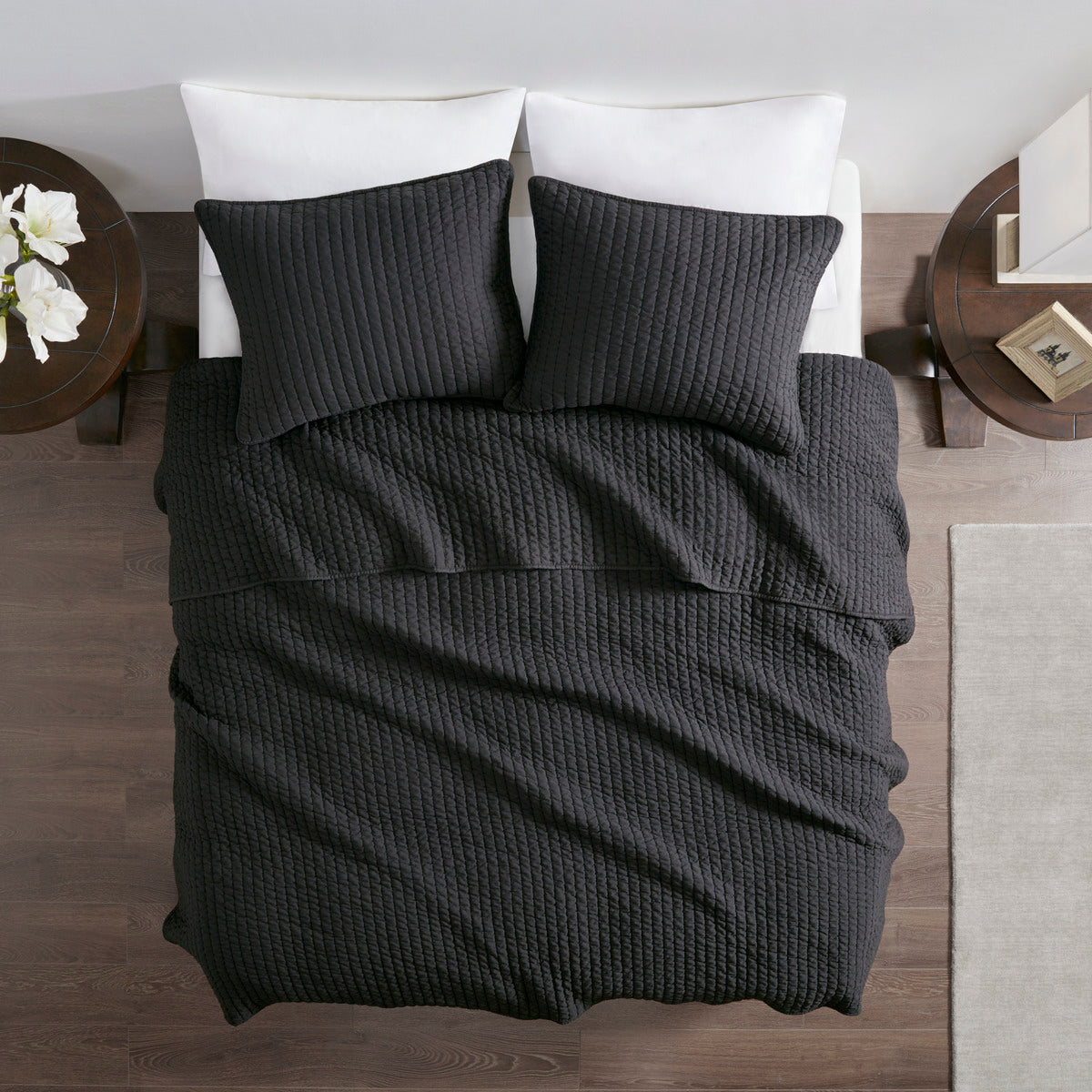 3 Piece Quilt Set Black King Cal King King Black Microfiber