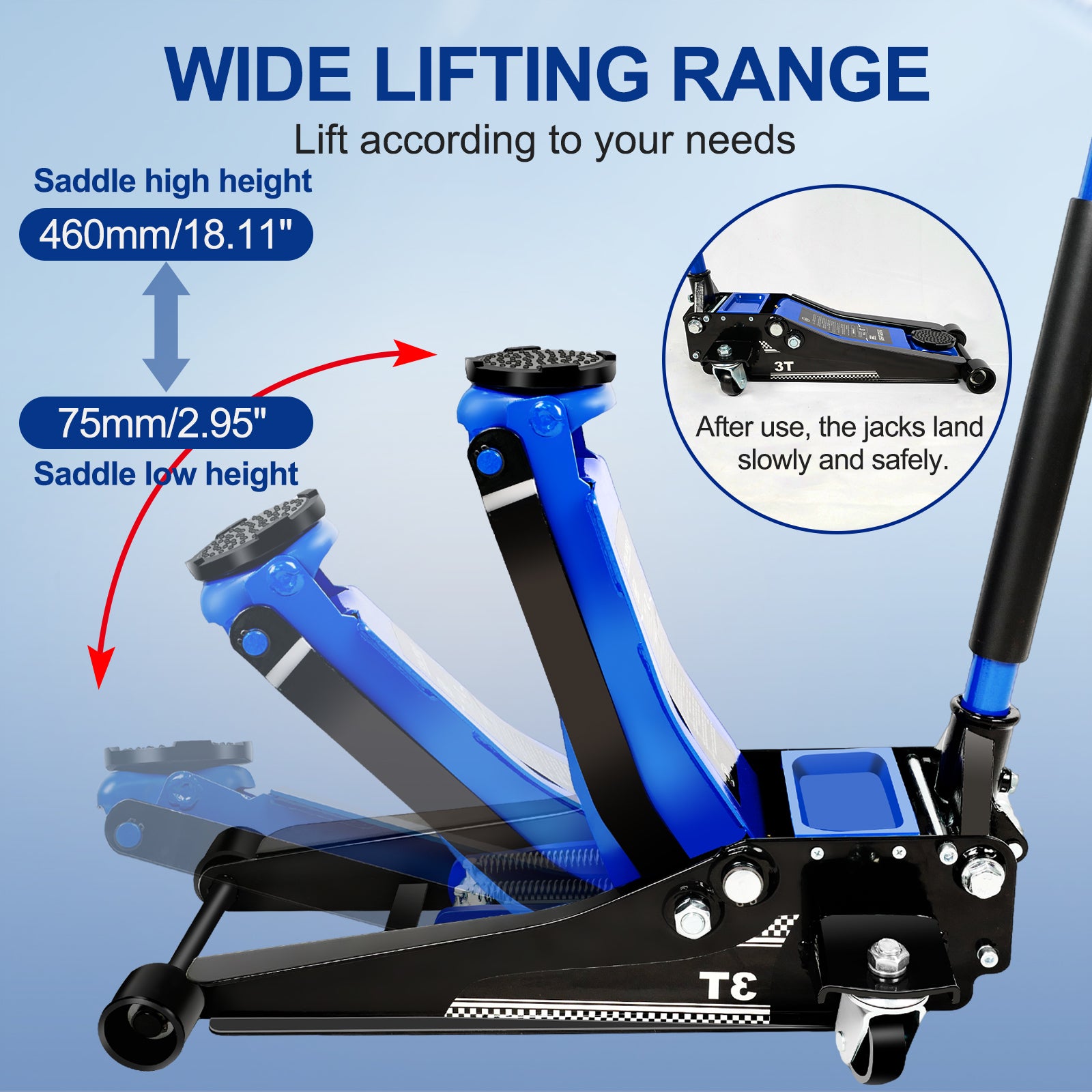 Floor Jack,3Ton 6600Lbs Low Profile Floor Jack,Dual Piston Quick Lift Pump,Lifting Range 75Mm 2.95" 460Mm 18.11",Blue Blue Steel