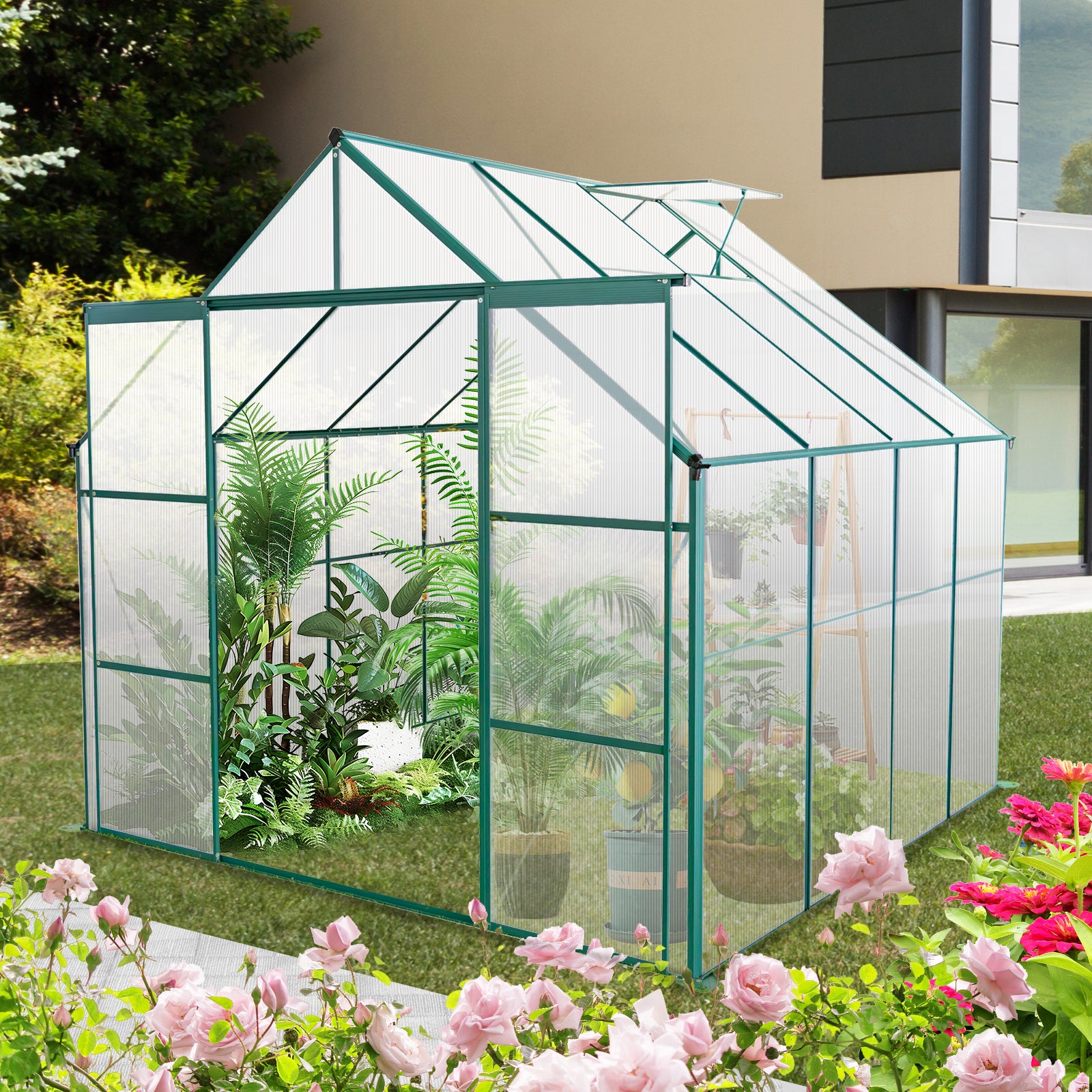 8X8 Ft Double Door Polycarbonate Greenhouse Raised Base And Anchor Aluminum Heavy Duty Walk In Greenhouses For Outdoor Backyard In All Season,Green Green Aluminium