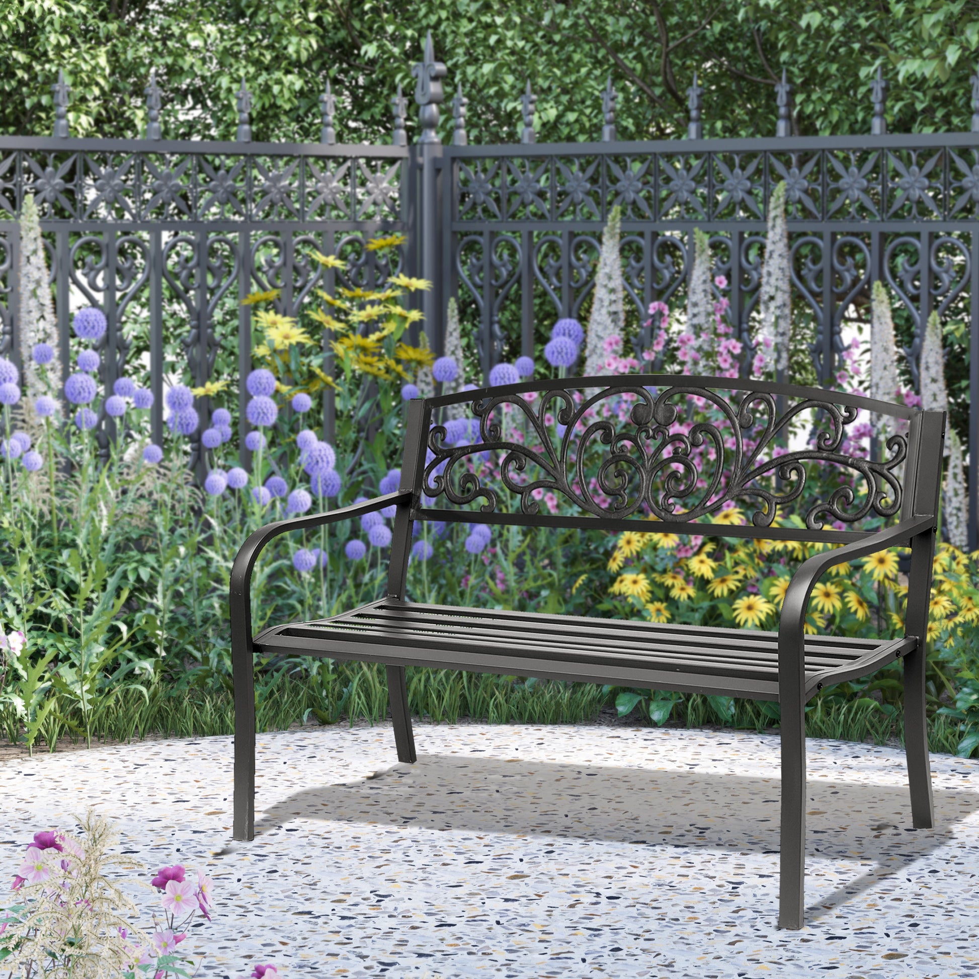 Outsunny 50" Outdoor Bench, Metal Garden Bench With Floral Pattern Backrest, Porch Bench With Slatted Seat For Park, Yard, Lawn, Black Black Iron