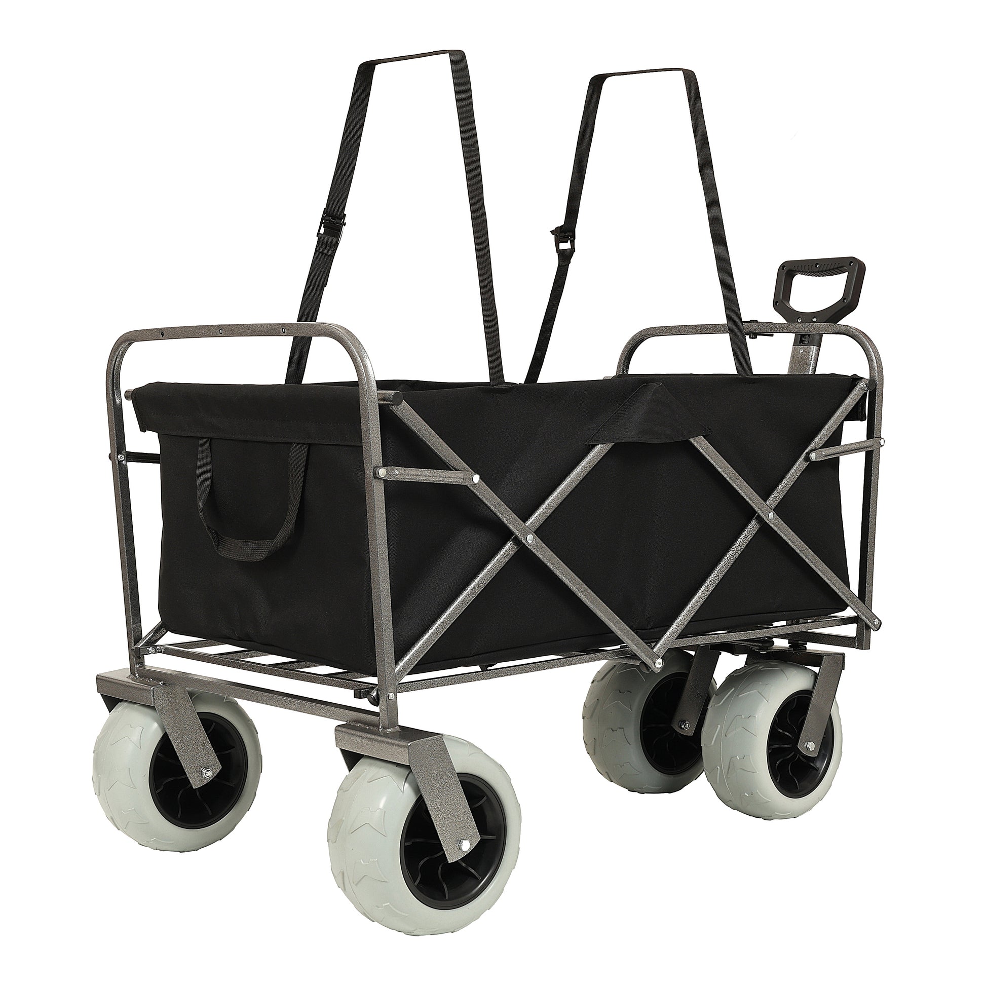 Fishing Cart With Rod Holders ,Beach Wagon With Big Wheels For Sand 500Lbs Capacity All Terrain Steel Frame Utility Cart With 9" Pneumatic Tires,Strap With Multiuse Bag ,Black Black Steel