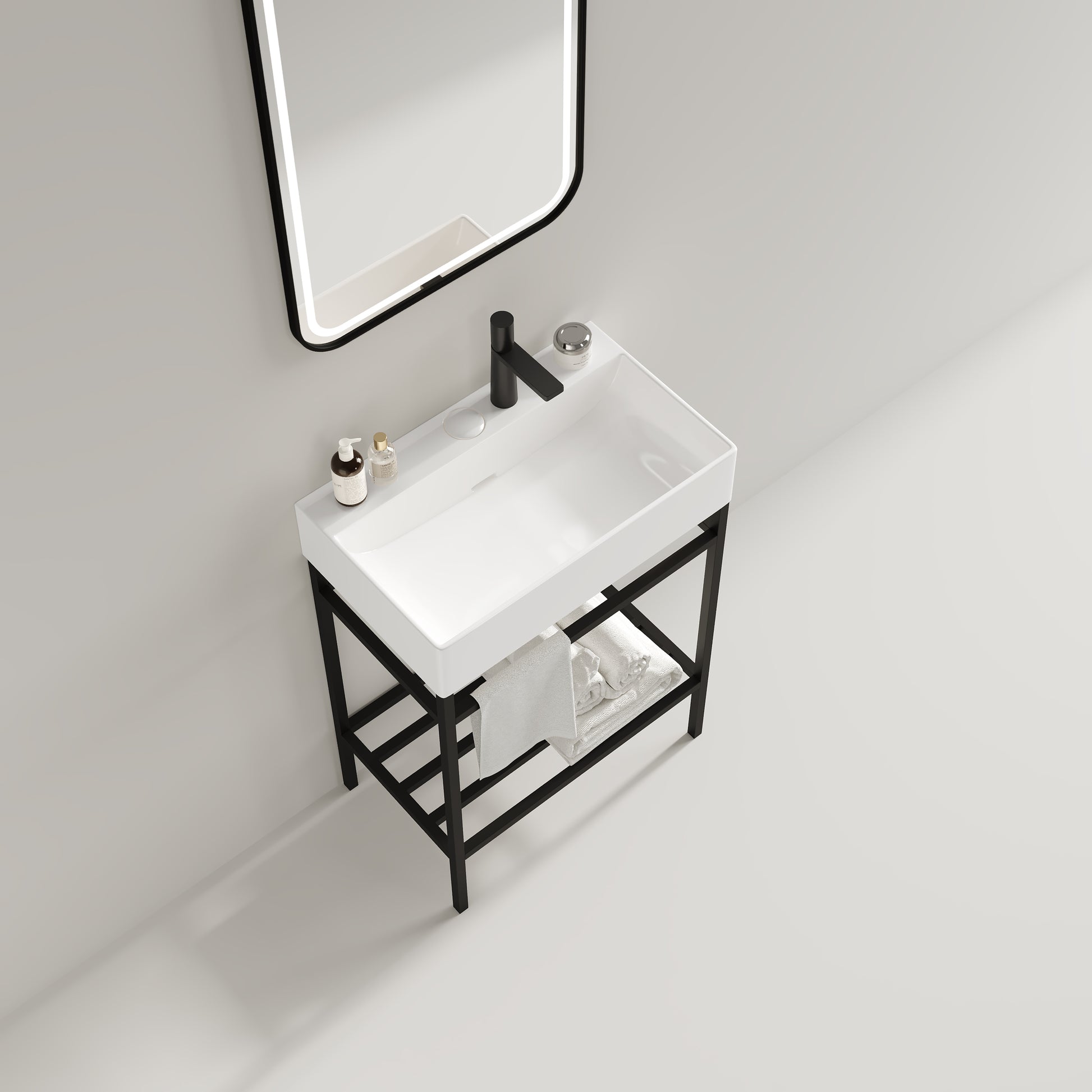 Lofi 24" Bathroom Vanity With Ceramic Basin, Freestanding Bathroom Console Sink Set, Glossy White Rectangular Ceramic Basin Without Faucet, Open Metal Leg, Storage Shelves, Black White Black
