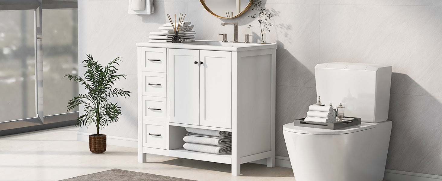 36" Bathroom Vanity With Sink Top, Bathroom Vanity Cabinet With Two Doors And Two Drawers, Solid Wood, Open Shelf, Mdf Boards, One Package, White White Solid Wood Mdf