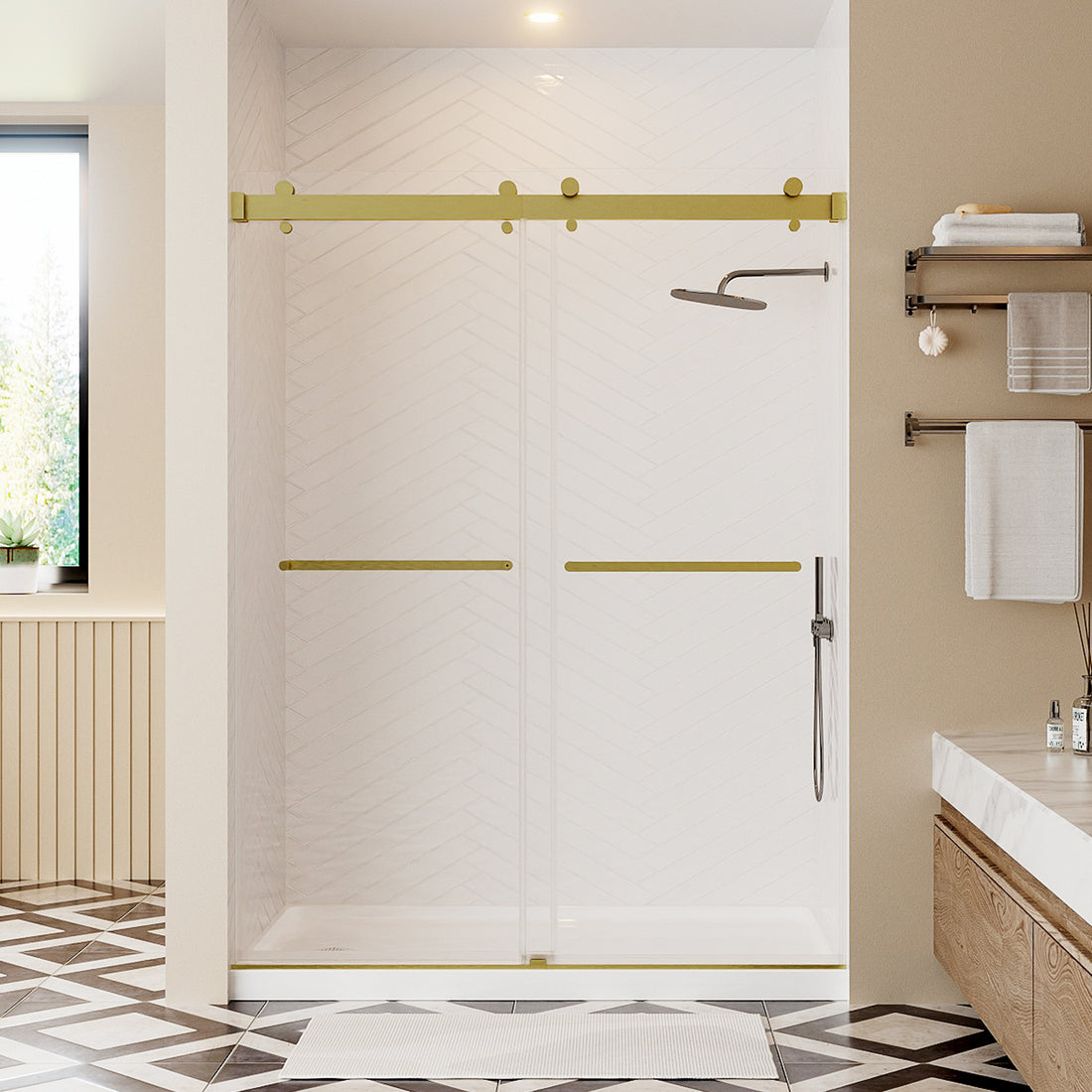 50 54 Inches Width 76 Inches Height Double Sliding Frameless Shower Door With 3 8 Inches 10Mm Clear Tempered Glass, Brushed Gold Finish Brushed Gold Bathroom Luxury,Modern Glass Aluminium,Stainless