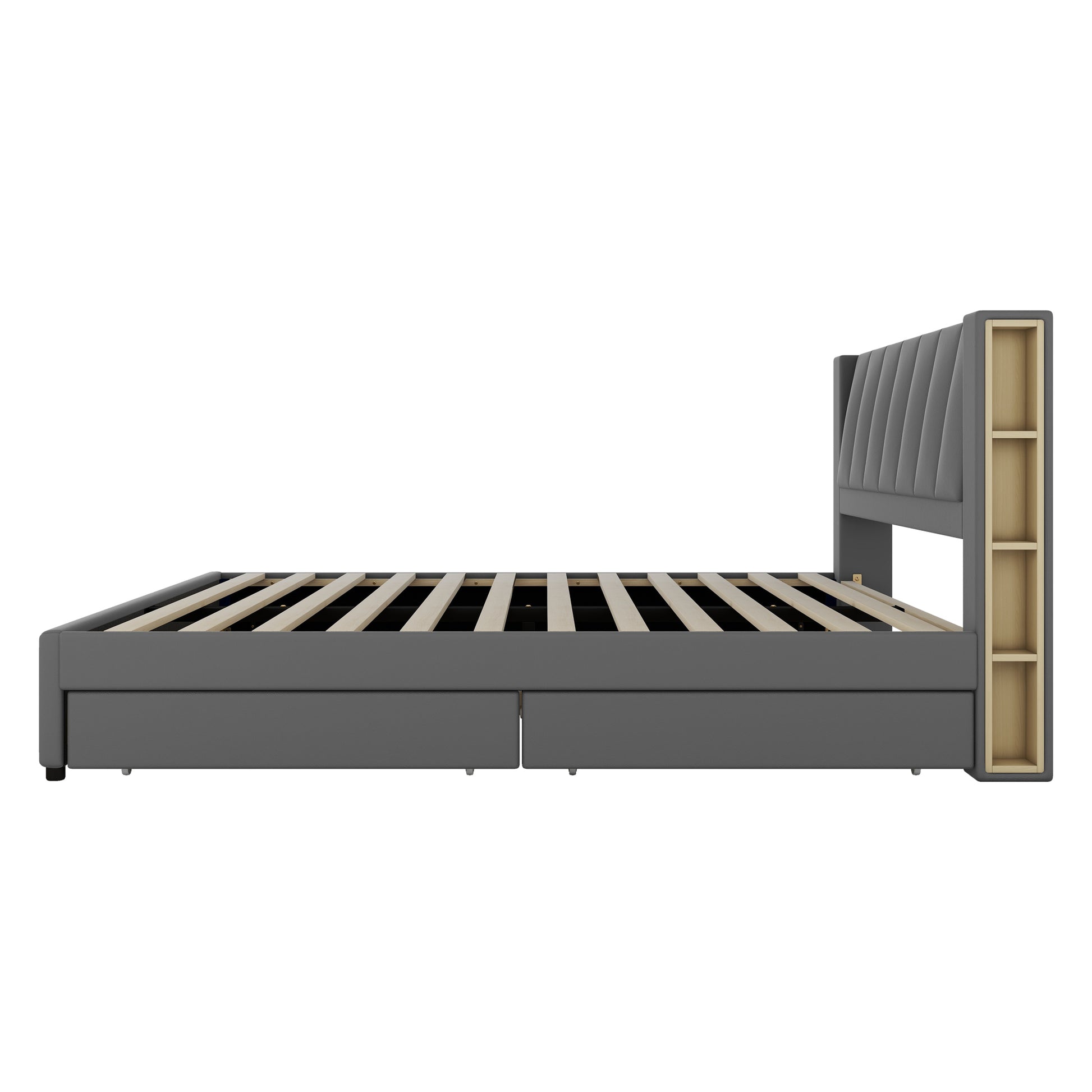 King Size Upholstery Platform Bed With Storage Headboard, 2 Drawers And Trundle, Gray King Gray Upholstered