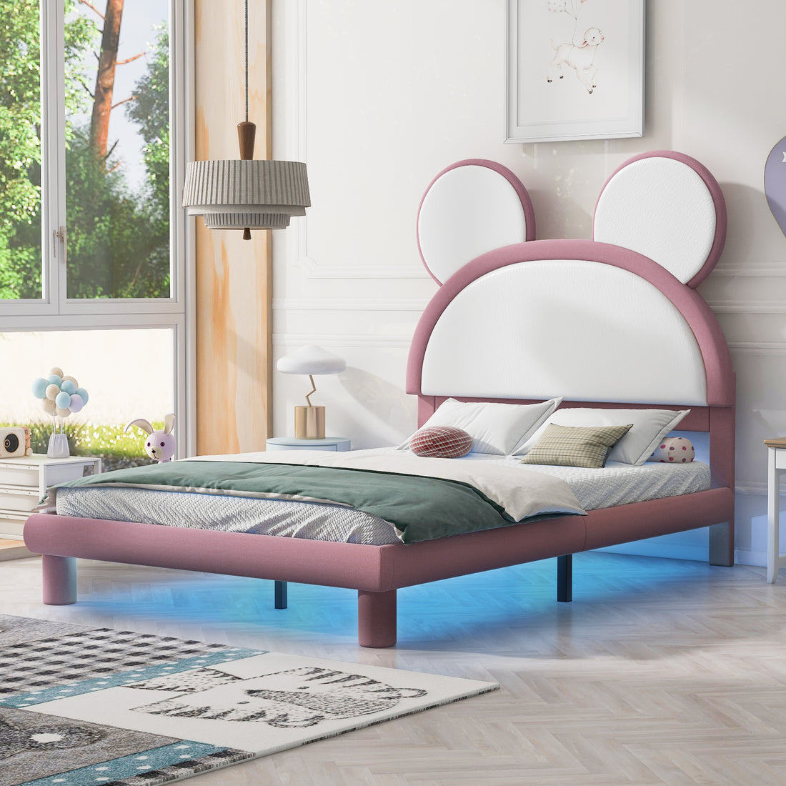 Full Size Upholstered Platform Bed With Cartoon Ears Shaped Headboard And Led, White&Pink Box Spring Not Required Full White Pink Bedroom Bed Frame Faux Leather Upholstered