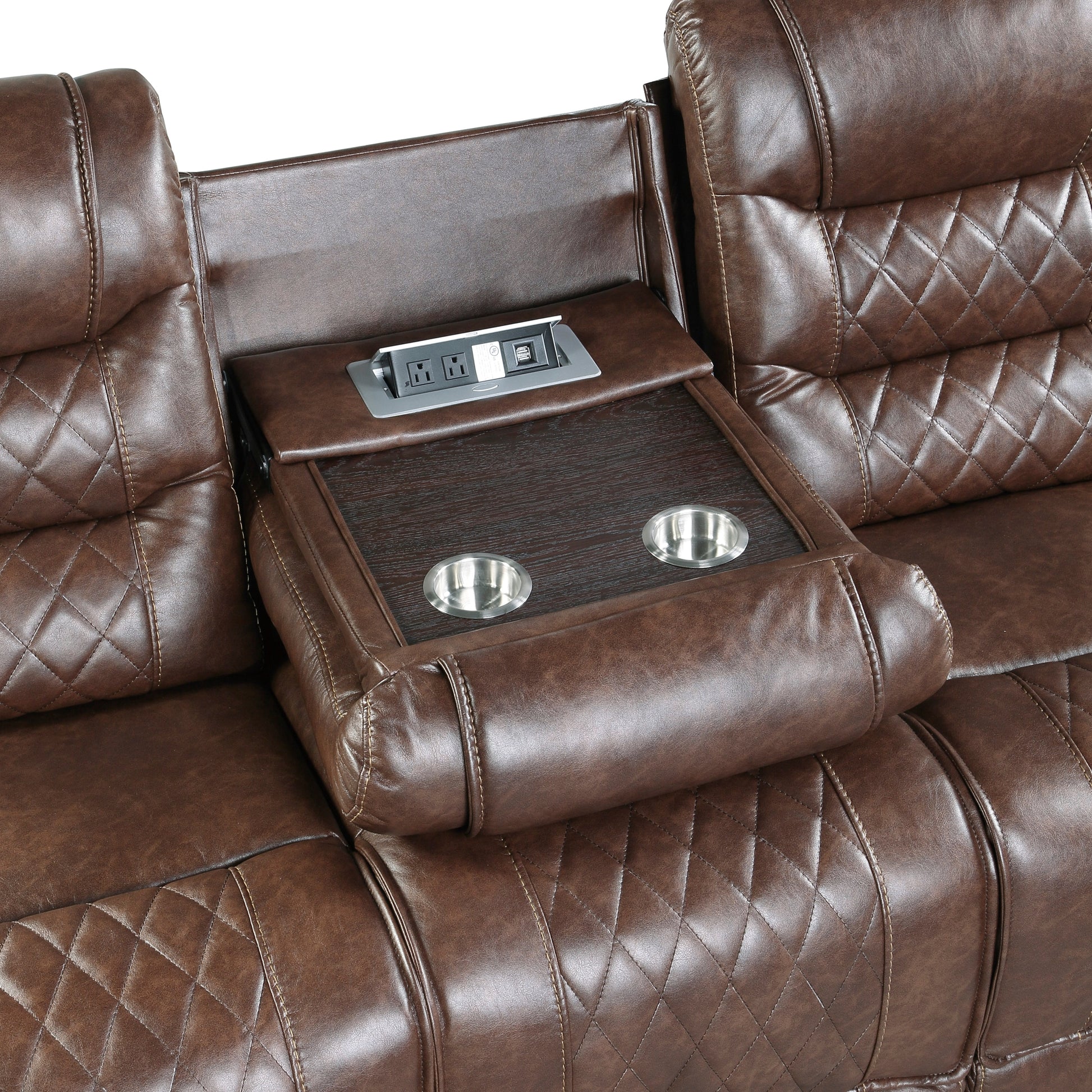 Luxurious Living Room Furniture 1Pc Brown Double Reclining Sofa With Center Drop Down Cup Holders, Receptacles Usb Ports,Faux Leather Upholstery Diamond Pattern Stitching Brown Faux Leather Wood Primary Living Space Luxury,Modern Solid Wood 3 Seat