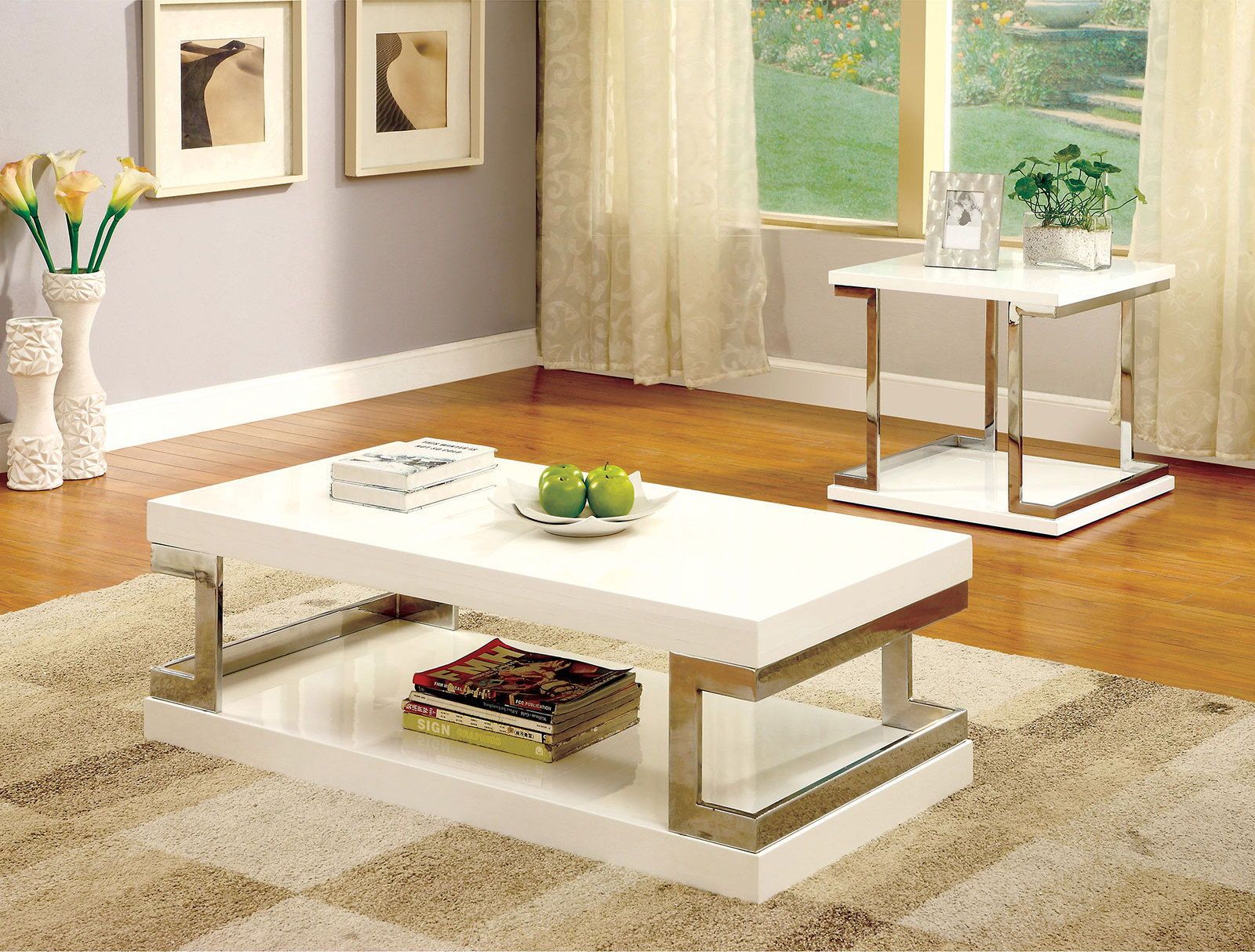 Contemporary Style White 1Pc Coffee Table Bottom Shelf High Gloss Lacquer Coating Chrome Frame Accents Living Room Furniture White Primary Living Space Antique,Classic,Contemporary,Modern,Transitional Open Storage Rectangular Coffee & End Tables Metal