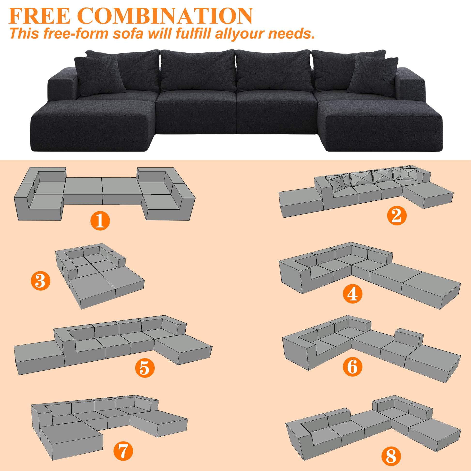 Oversized Sponge Cloud Sofa,Modern Upholstered Sectional Sofa Couch Set,Modular 162" L Shaped Sectional Living Room Sofa Set With 6 Pillows,Free Combination Sofa Couch For Living Room,Bedroom Grey Foam Chenille 6 Seat