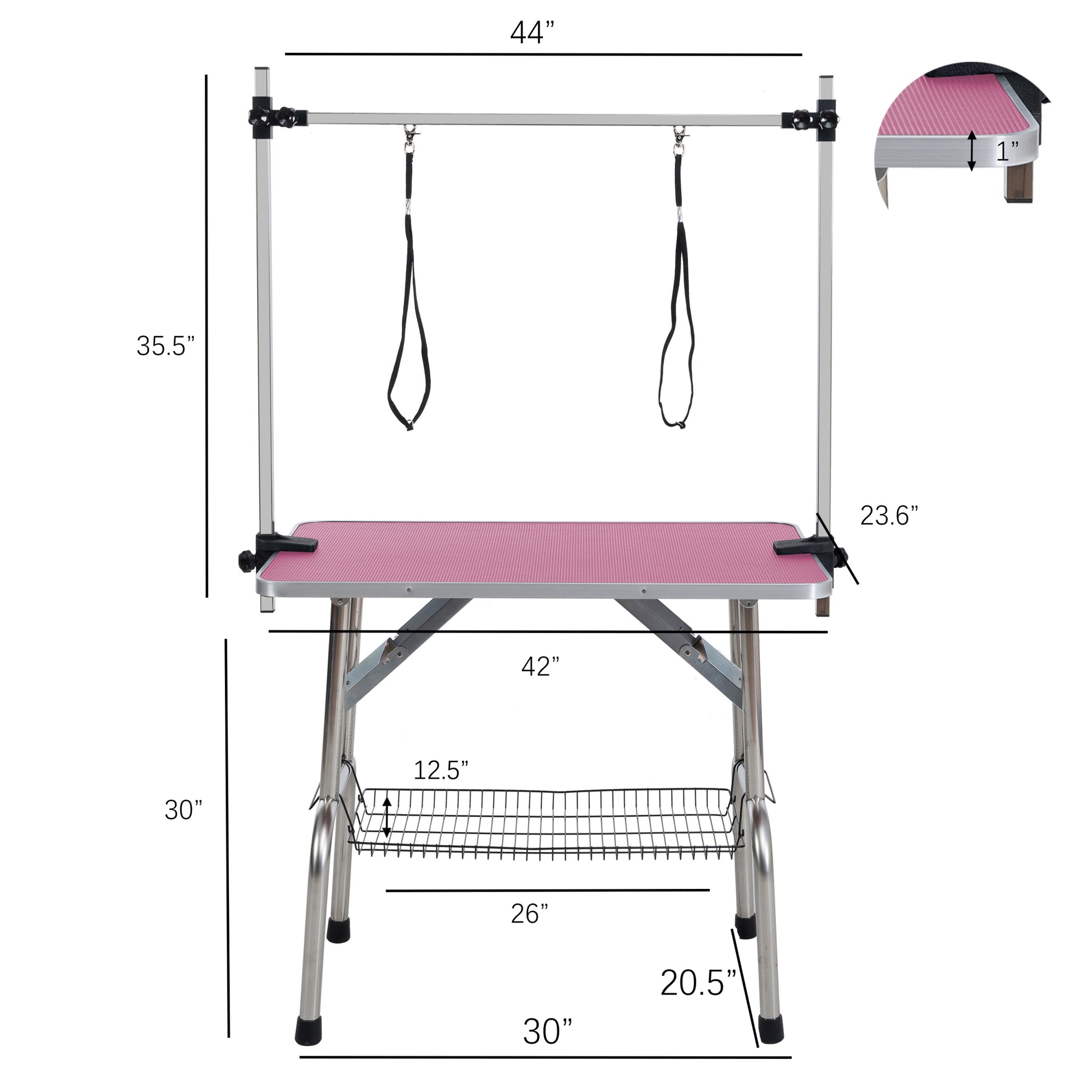 42" Folding Dog Pet Grooming Table Stainless Steel Frame Rubber Mat On Board With Adjustable Arm And Clamps Pet Dog Cat Grooming Table Pink Color Pink Rubber Stainless Steel