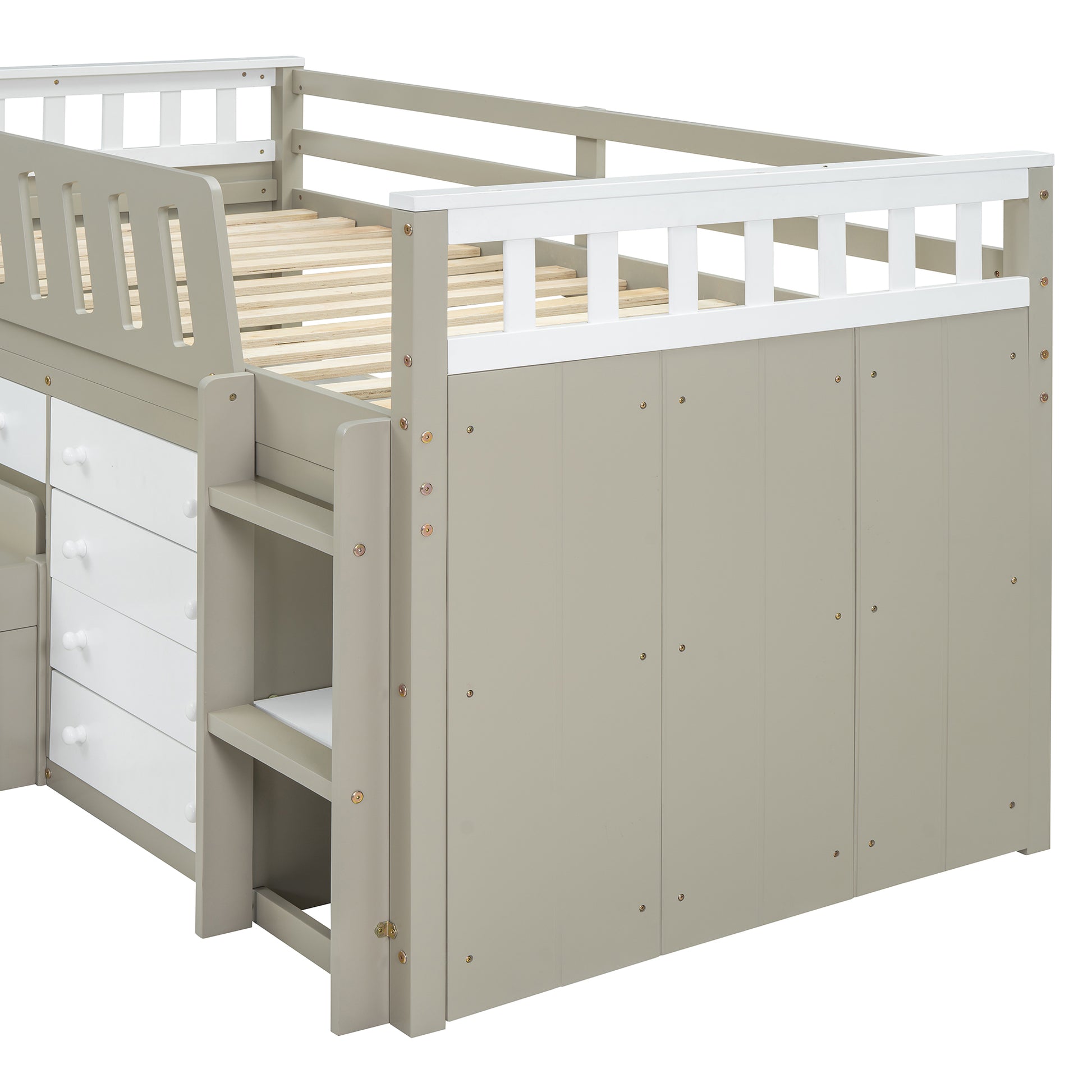 L Shaped Space Saving Twin Loft And Twin Platform Bed With 7 Drawers And Full Guardrails White Light Brown Twin Brown White Solid Wood