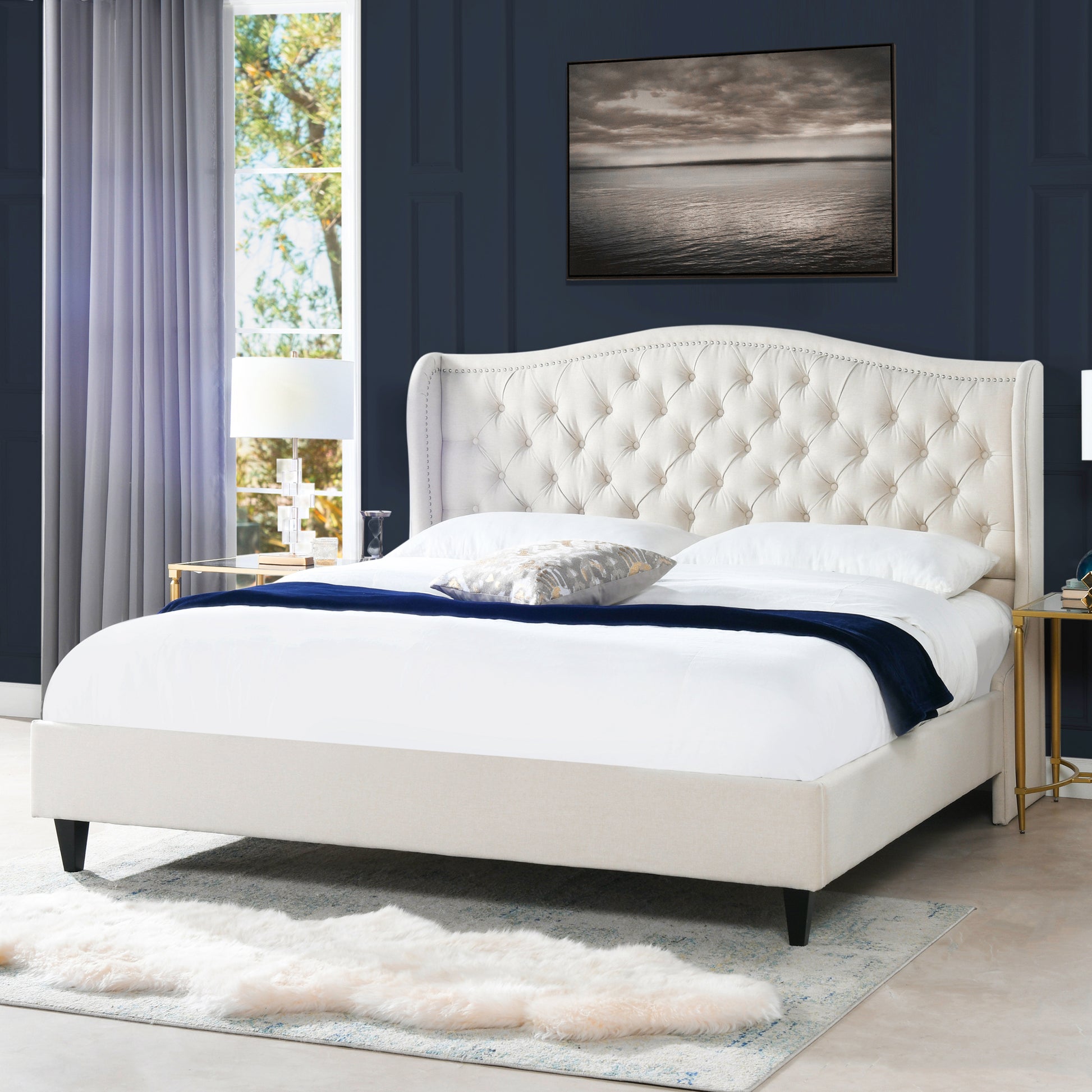 Coverley Tufted Shelter Platform Bed, King, Sky Neutral Beige Polyester Box Spring Not Required King Beige Wood Foam Polyester Polyester