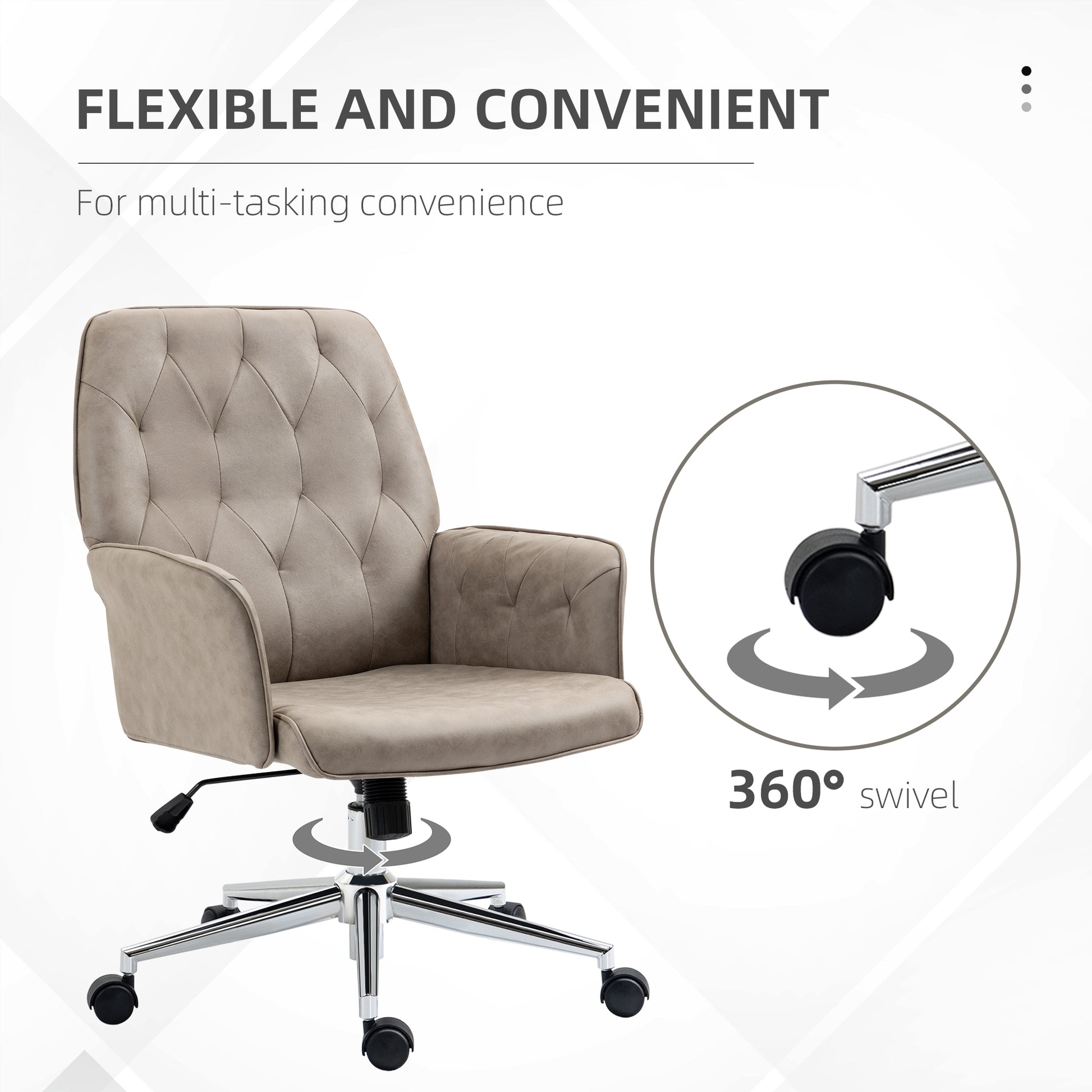 Vinsetto Microfiber Home Office Chair, Tufted Height Adjustable Computer Desk Chair With Swivel Wheels And Padded Armrests, Light Gray Light Grey Fabric