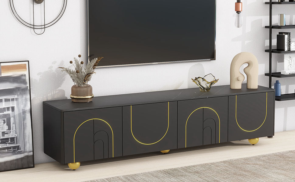 Modern Tv Stand For Tvs Up To 75 Inches, Entertainment Center With Storage Cabinets And 1 Adjustable Shelf, Media Console With Marble Patterned Top And Golden Round Metal Legs For Living Room Black 70 79 Inches Mdf