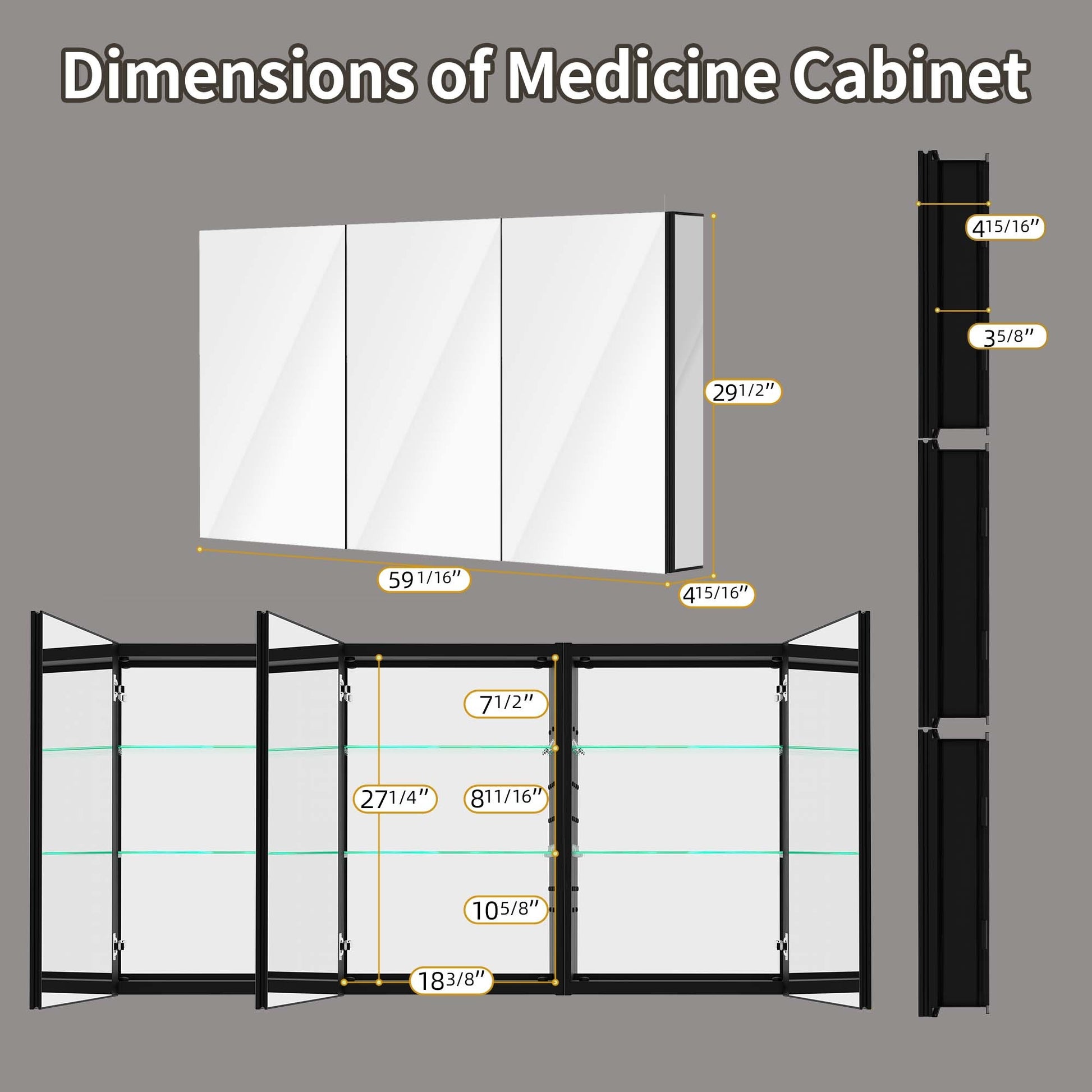 60" X 30" Lighted Medicine Cabinet With Mirror Aluminum Mirrored Cabinets For Bathroom Recessed Or Wall Mount, With Electrical Outlet Usb Anti Fog 3 Colors Light Built In Sensor Lamp Matte Black Modern Glass Aluminium Alloy