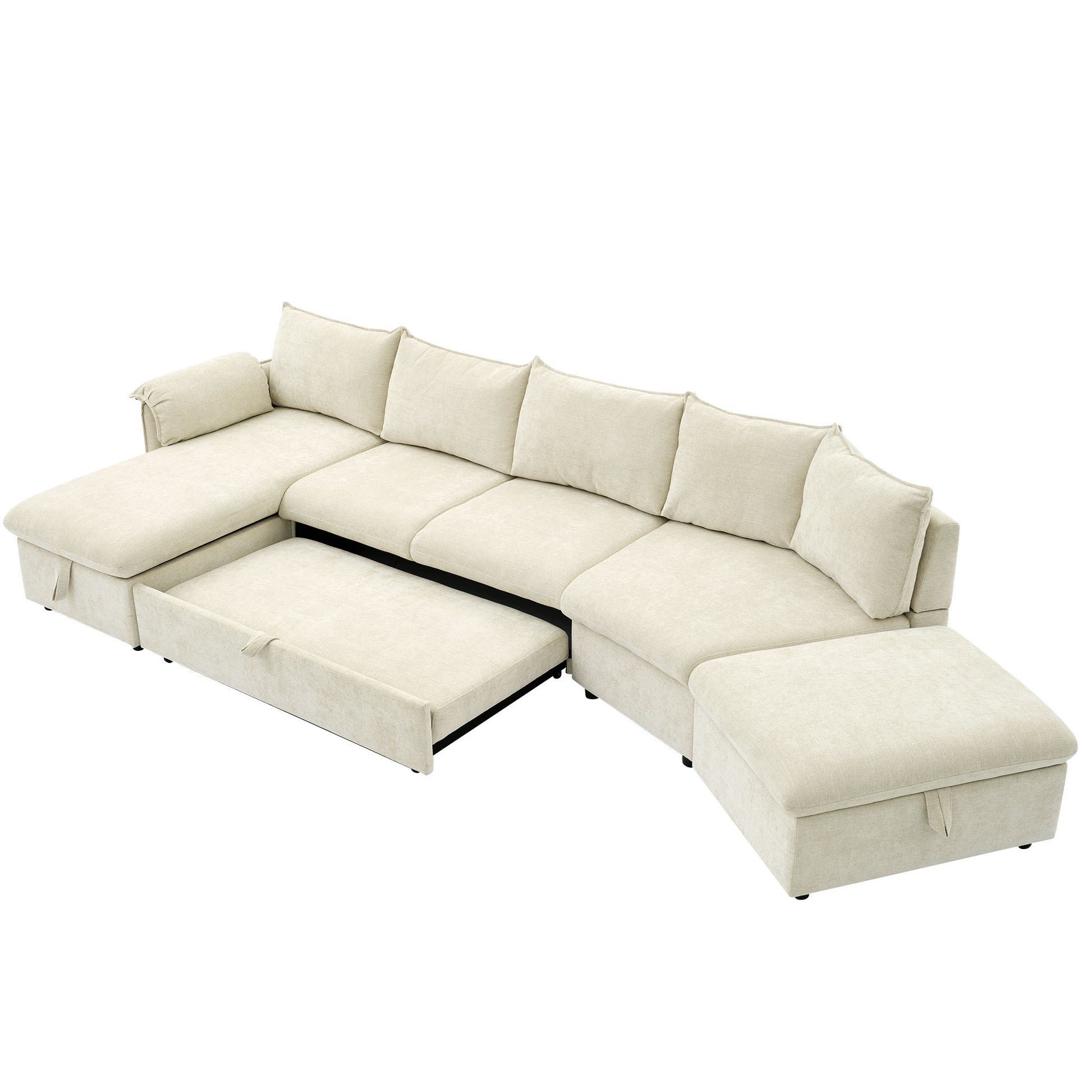 146.9" L Shaped Sofa Sectional Sofa Couch Pull Out Sofa Bed With A Movable Storage Ottoman, A Storage Chaise Lounge And Two Usb Ports For Living Room, Beige Beige Foam Linen 5 Seat