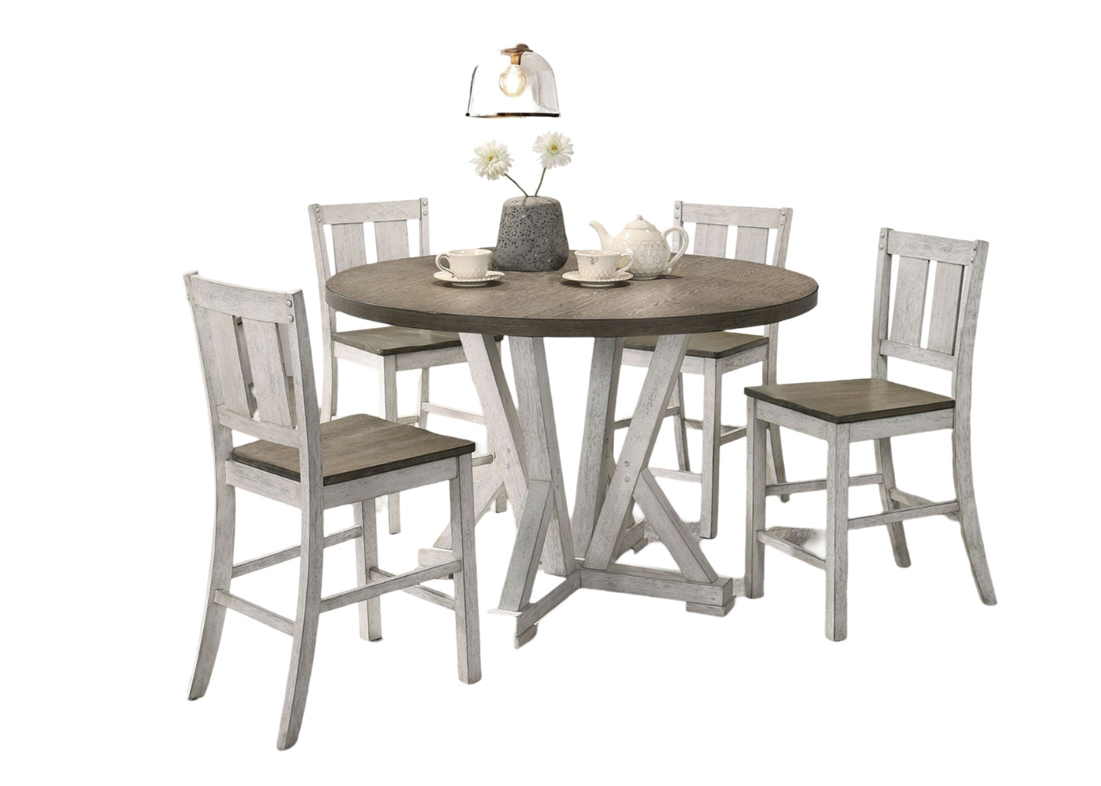 Counter Height Dining 5Pc Set Antique White Rustic Style Table Two Tone Design 4X Chairs Dining Room Furniture Wood Dining Room Solid Wood Rubberwood Round Dining Table With Chair Wood Wood Antique White,Ash Brown Slat Back Seats 4 48 Inches