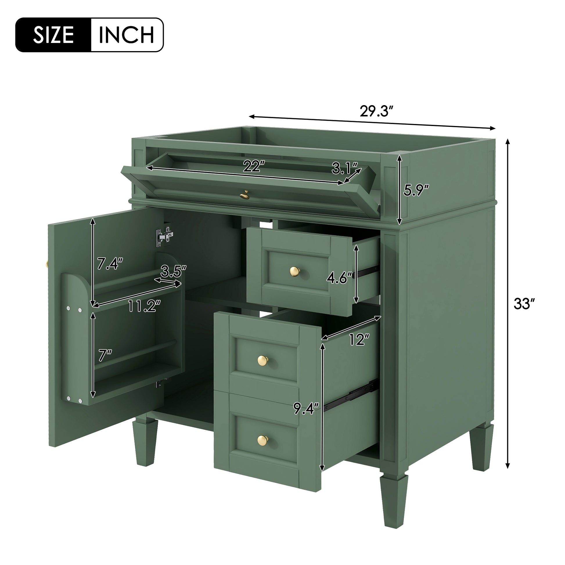 30'' Bathroom Vanity Without Top Sink, Modern Bathroom Storage Cabinet With 2 Drawers And A Tip Out Drawer Not Include Basin 3 Green 1 Adjustable Hinges Bathroom Freestanding Solid Wood Mdf Painted