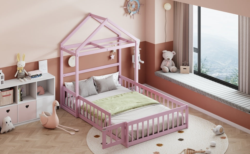 Wooden Floor Bed With Fence Railings And Detachable House Shape Headboard,Full Size Bed With Kids Dress Up Rack, Kids Montessori Style Playhouse Frame For Girls Boys, Pink Full Pink Wood