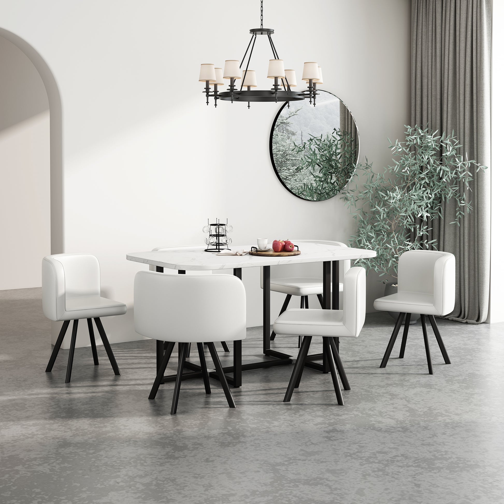 Modern 7 Pieces Dining Table Set, Rectangle Dining Table With 6 Chairs For Dining Room, Kitchen White Pu Leather