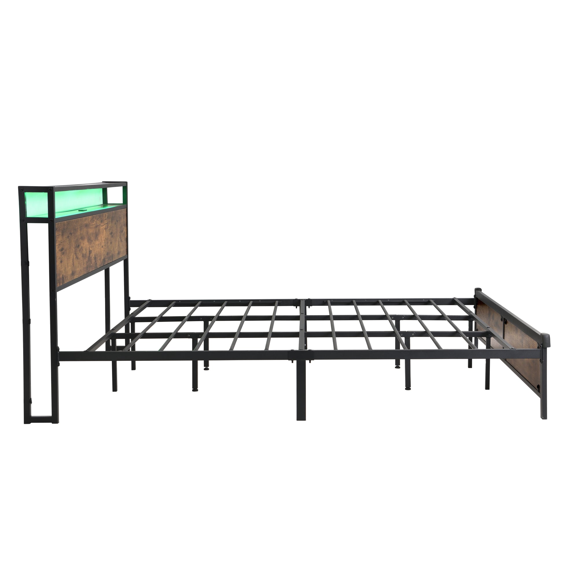 Industrial King Bed Frame With Led Lights And 2 Usb Ports, Bed Frame King Size With Storage, Noise Free, No Box Spring Needed, Rustic Brown Box Spring Not Required King Antique Brown Metal Brown Bedroom Industrial Metal & Wood
