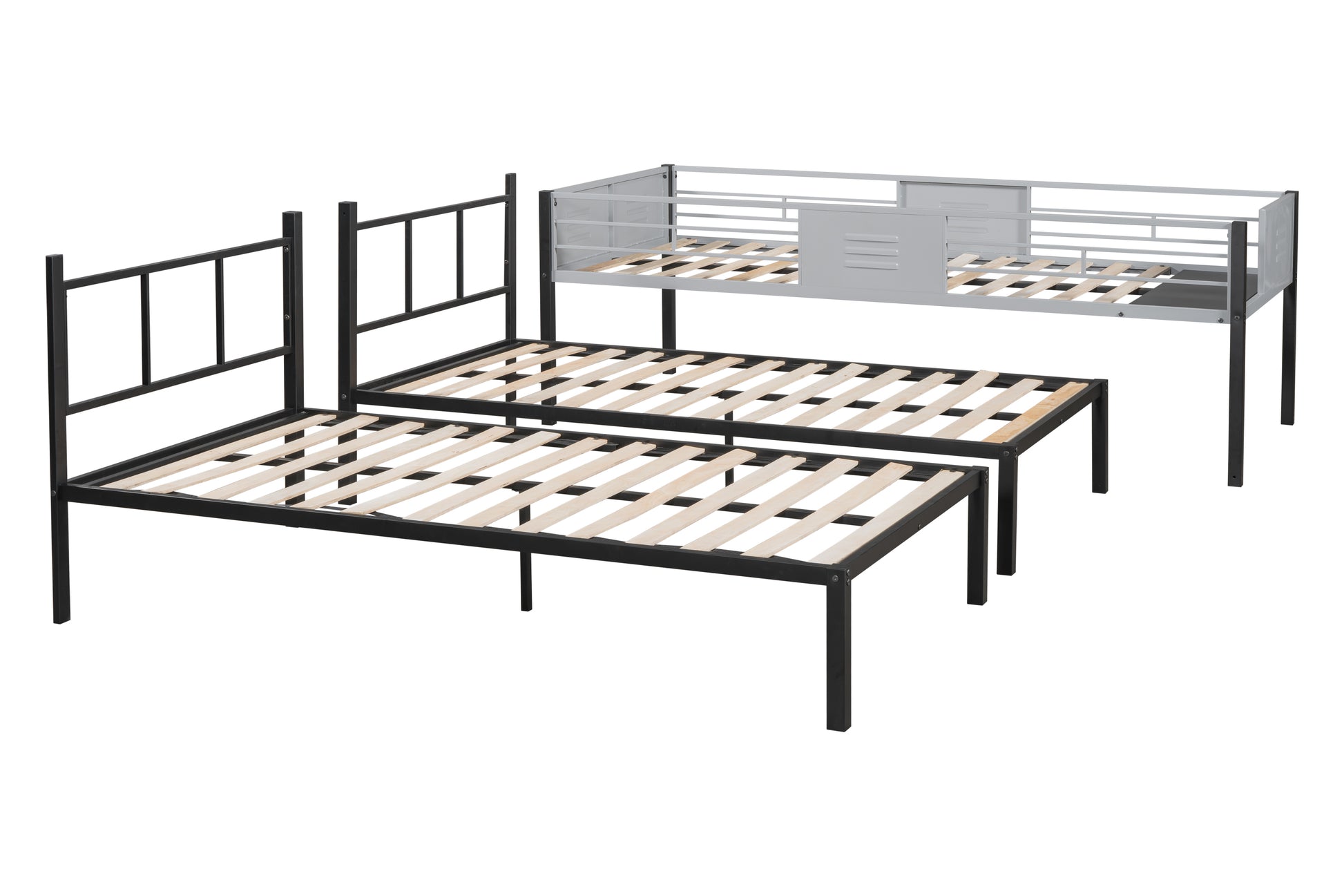 Triple Bunk Bed With Vent Board Sturdy Metal Frame Noise Free Wood Slats Separatable Into Three Beds No Box Spring Needed Twin Black Bunk Steel