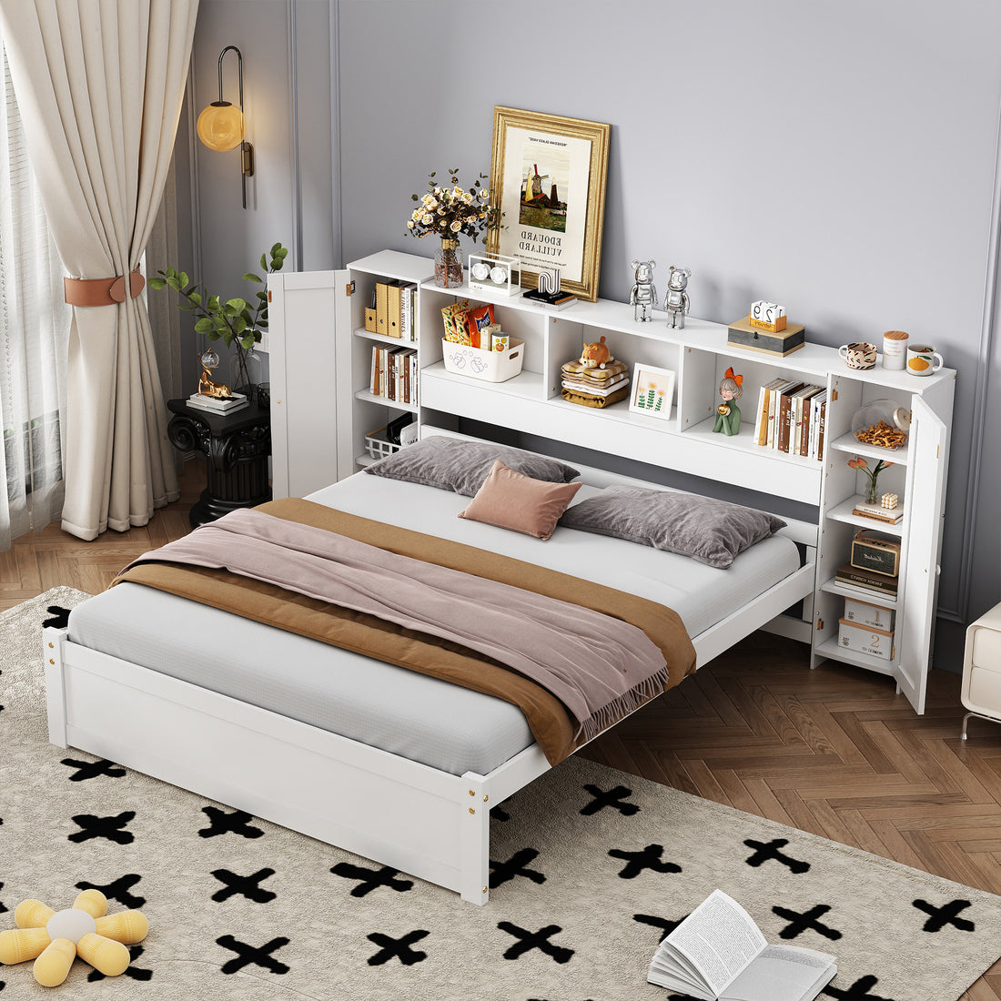 Full Size Platform Bed With Storage Headboard And Lockers, White Full Box Spring Not Required White Wood Bedroom Solid Wood Mdf