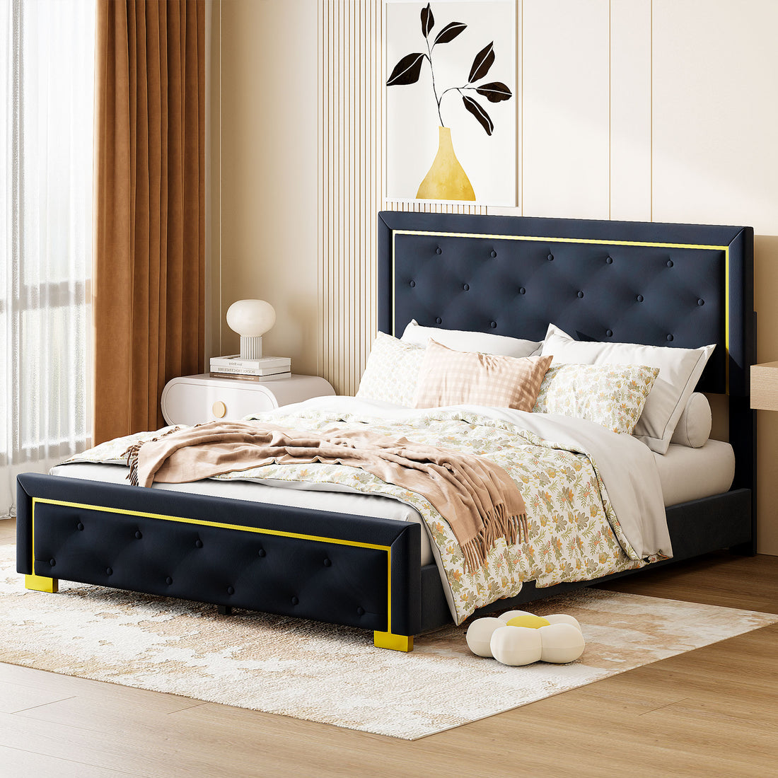 Queen Size Upholstered Platform Bed With Pull Point Headboard And Metal Wire Frame At The Head And Foot Of The Bed, Metal Feet, Velvet, Black Queen Black Mdf Lvl