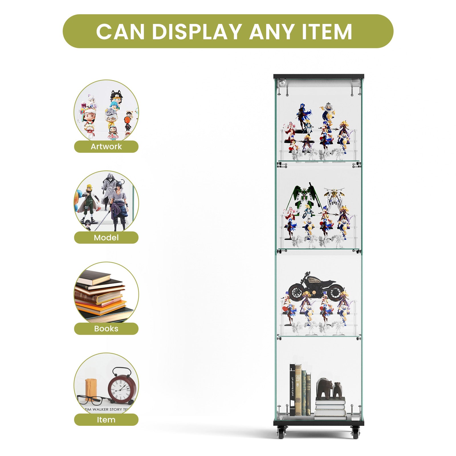 4 Tier Glass Display Cabinet, Single Door Glass Cabinet With Lock And Wheels, Floor Standing Storage Cabinet With 3 Acrylic Shelves For Living Room, Bedroom And Office, Black, 15.8"L X 14.2"W X