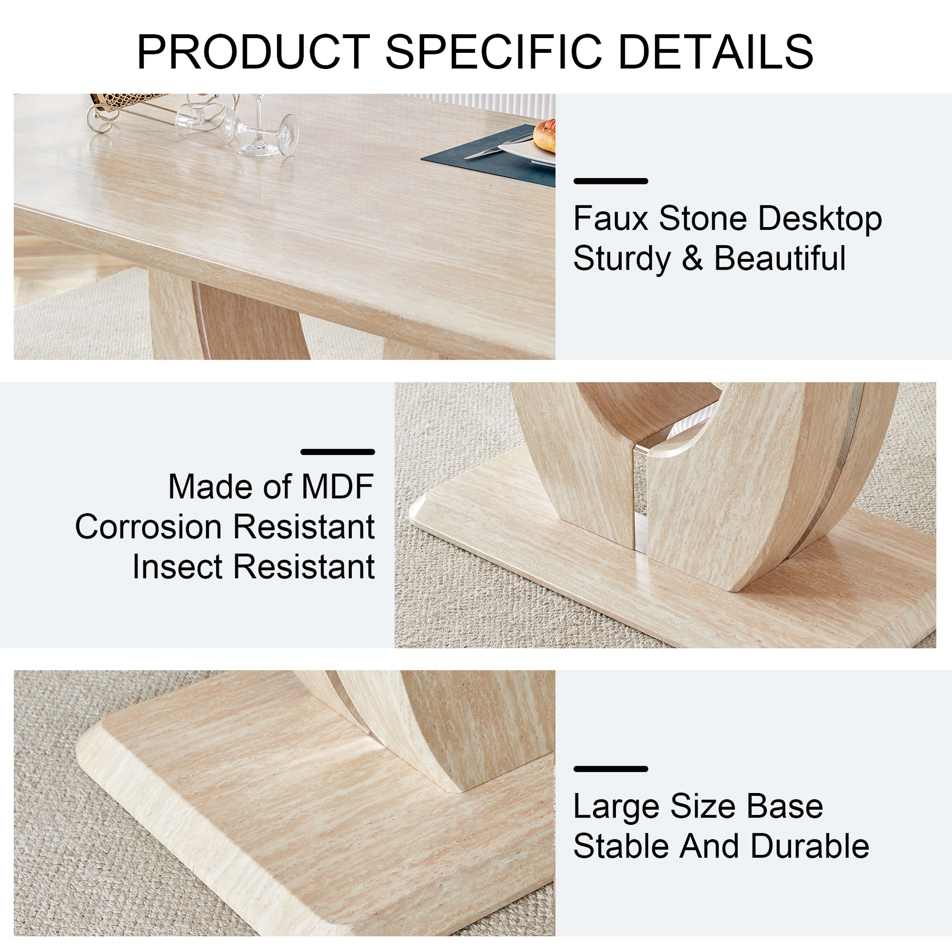 Table And Chair Set. Modern Minimalist Luxury Mdf Rectangular Dining Table With Textured Stickers On The Table And 4 Pu Synthetic Leather High Back Upholstered Side Chairs. White Seats 4 Mdf