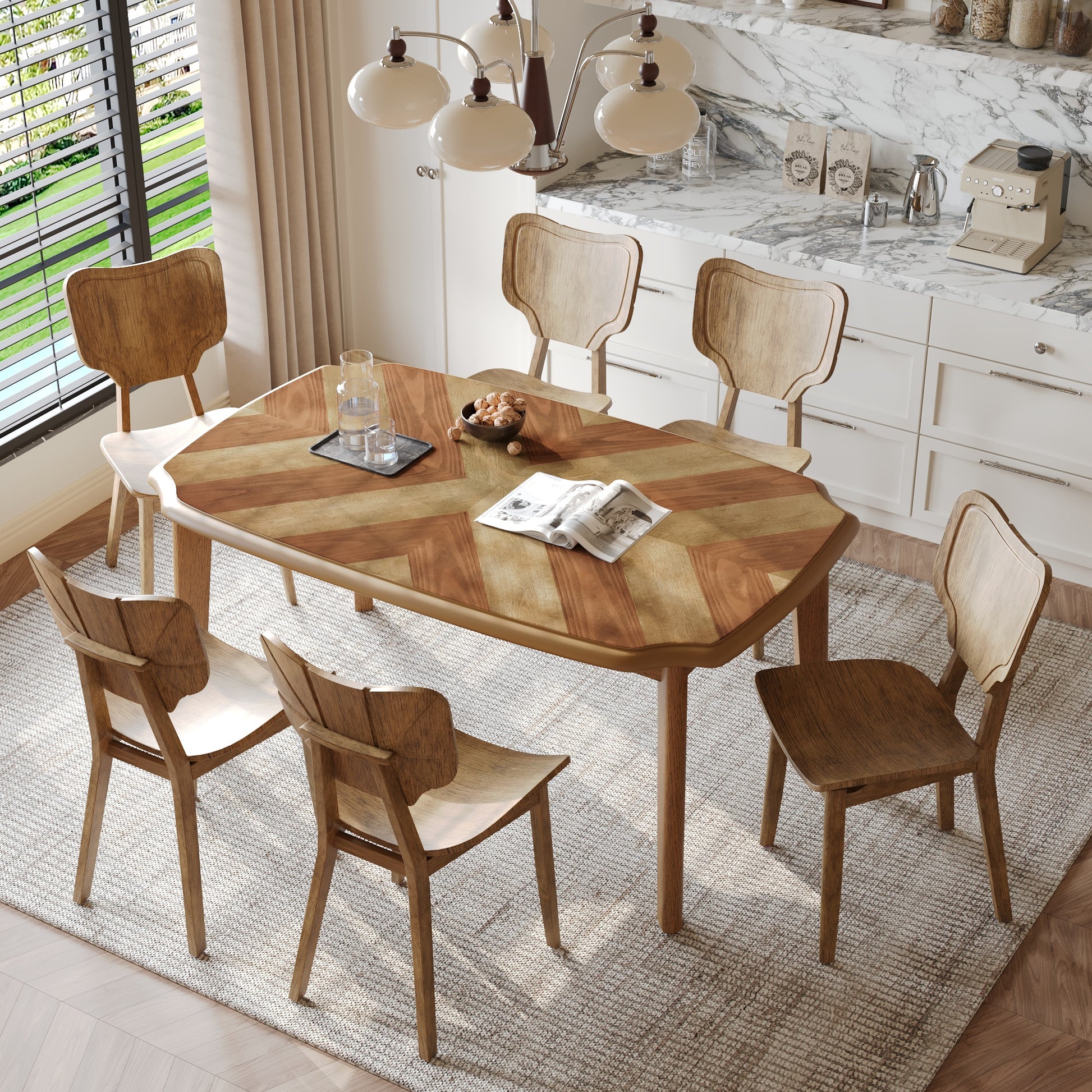 Vintage 7 Piece Dining Table Set With 6 Dining Chairs,Kitchen Table Set For 6 With Curved Back And Seat, Brown Wood Dining Room Solid Wood Rubberwood Rectangular Dining Table With Chair Upholstered Chair Wood Brown Seats 6 Farmhouse Curved 4 Leg Rubber