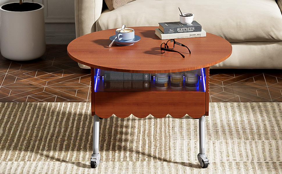 Round Lift Top Coffee Table With Wheels, Metal Frame And Multi Color Lighting In 27.6" Mahogany Glass,Mdf Metal
