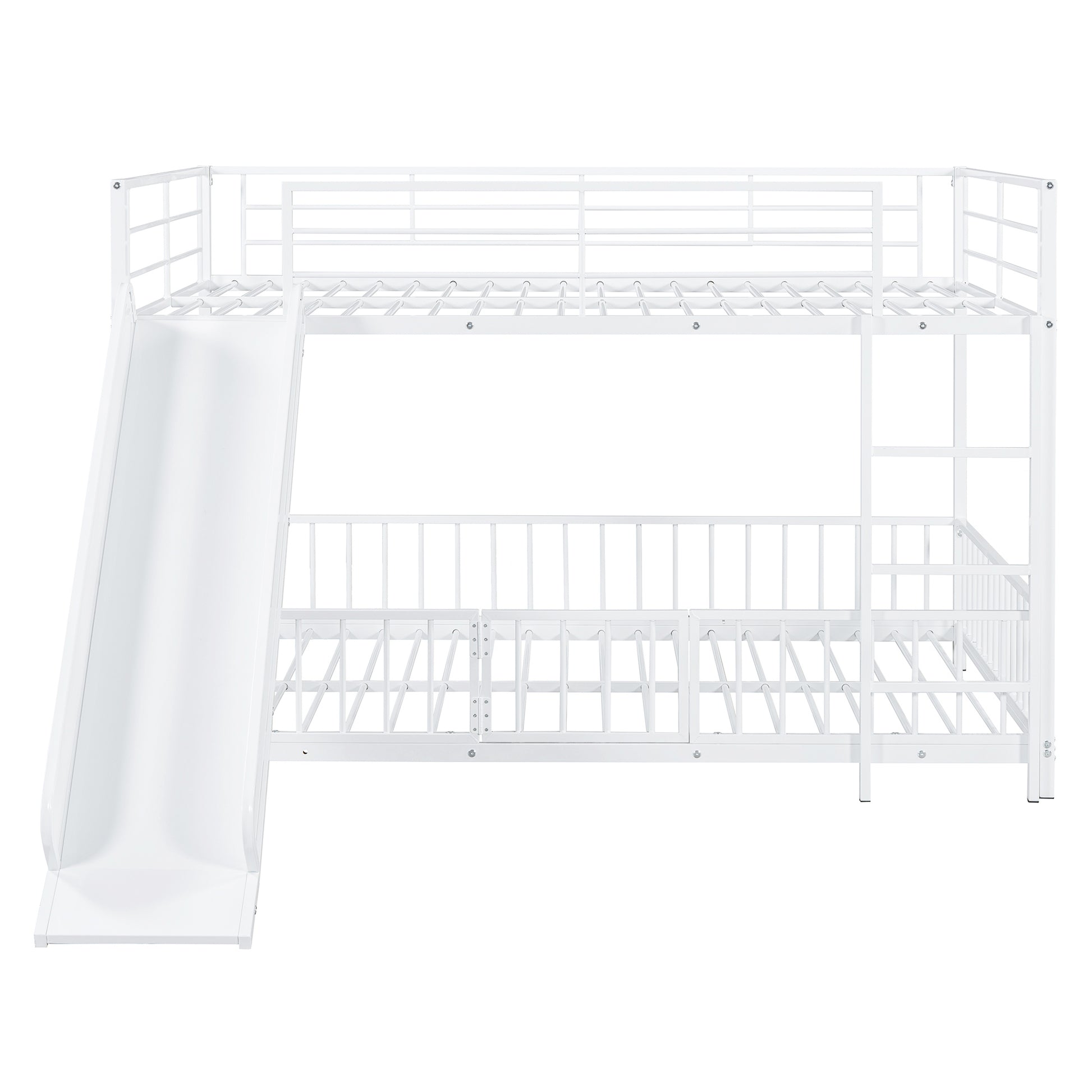 Full Over Full Size Metal Bunk Bed With Slide And Guardrails, White Full White Metal