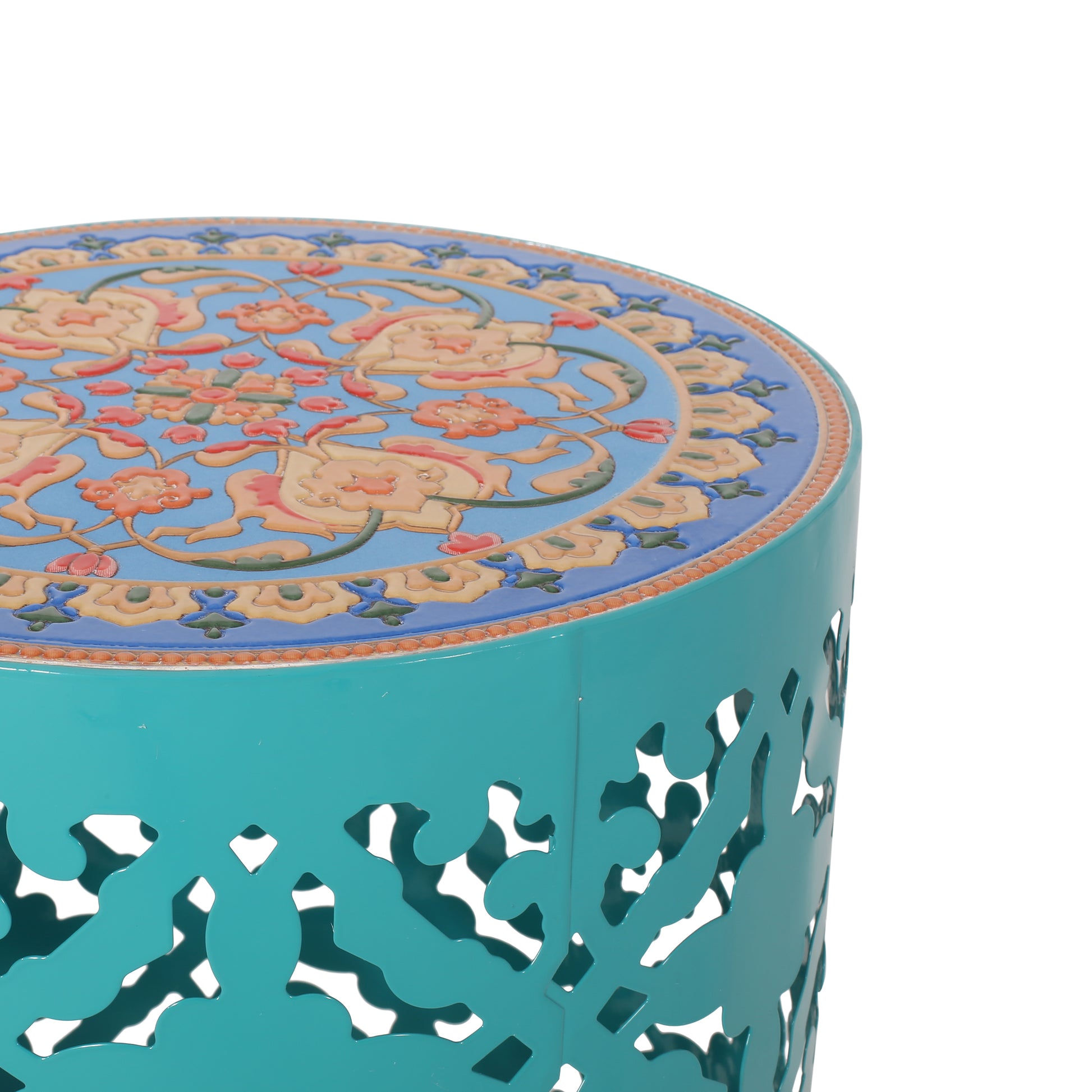 Castana Side Table Teal Rattan Fabric