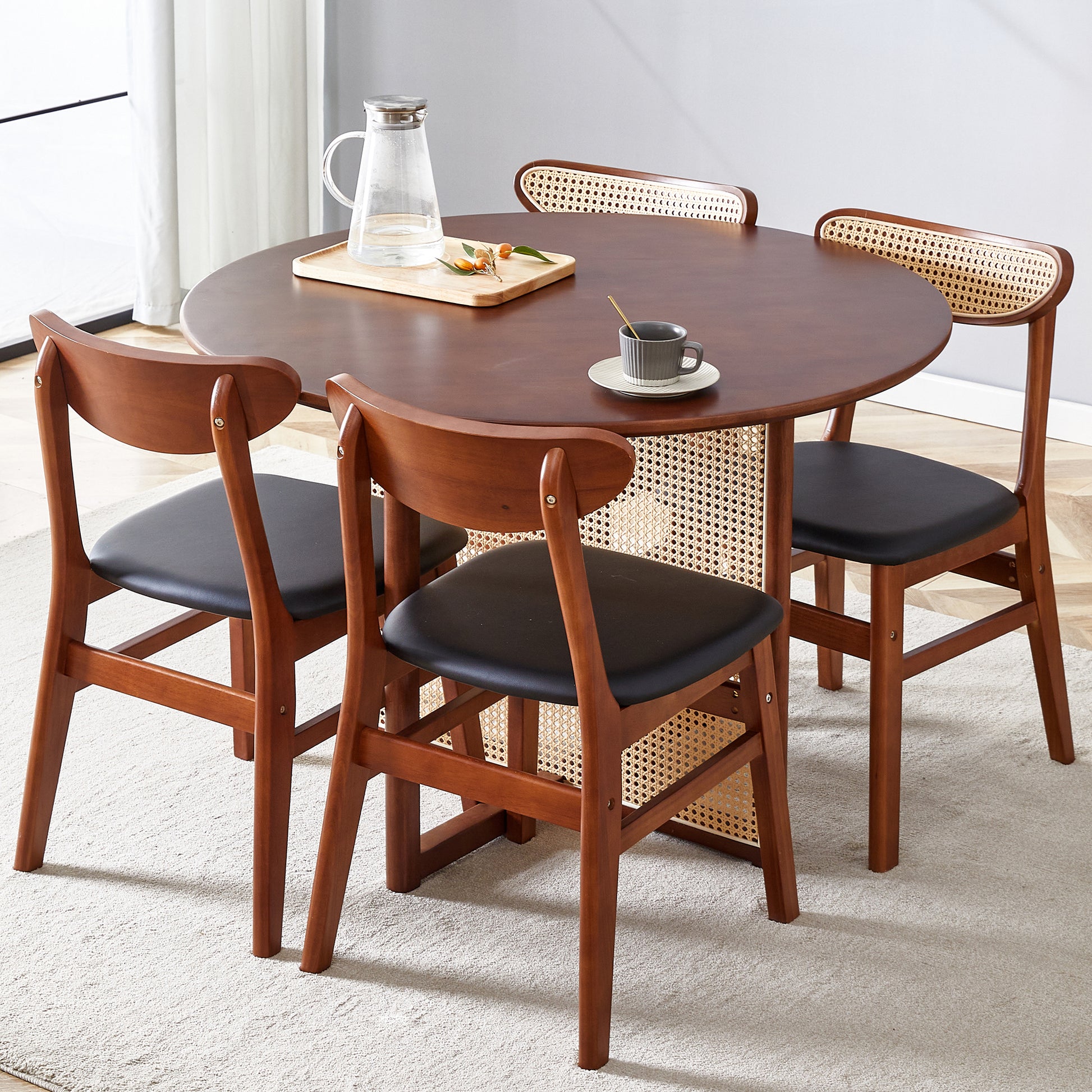 Table And Chair Set, Ancient Style Solid Wood Dining Table, Imitation Rattan Table Legs, Beautiful Simple Solid Wood Dining Chair, Perfect For Dinner, Meetings, Home And Office Decoration Walnut Rubber Wood