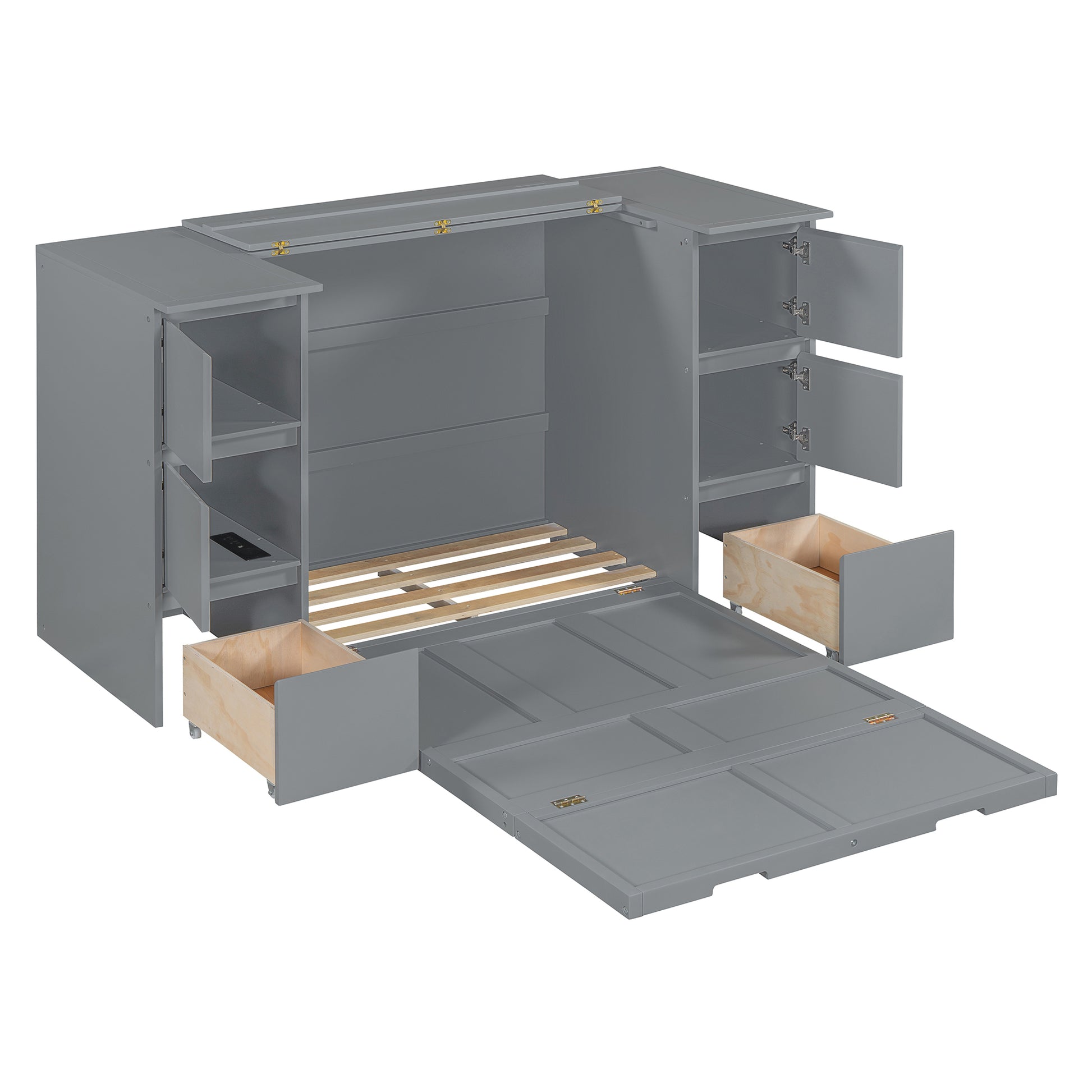 Twin Size Murphy Bed With Drawers, Cabinets And Usb Ports,Gray Twin Gray Mdf Lvl