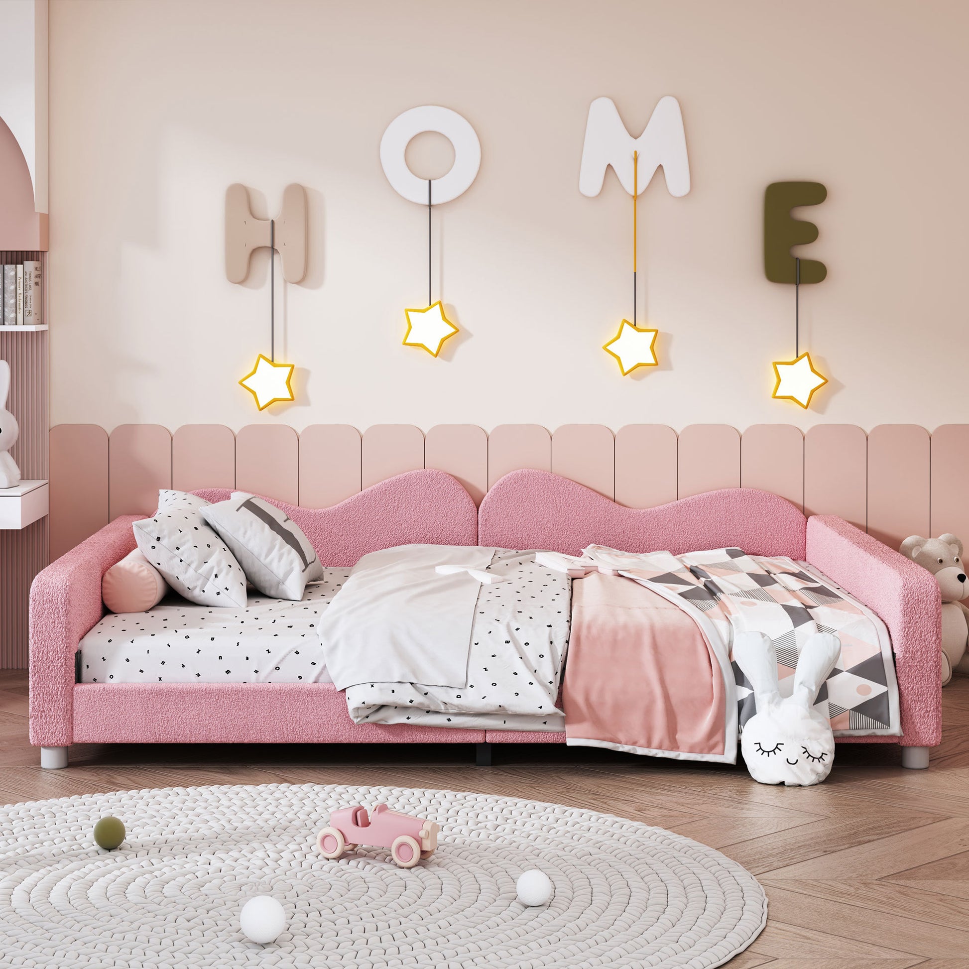 Full Size Upholstered Daybed, Sherpa Fabric Sofabed With Cloud Shaped Backrest, No Box Spring Needed, Pink Full Pink Wood Fabric