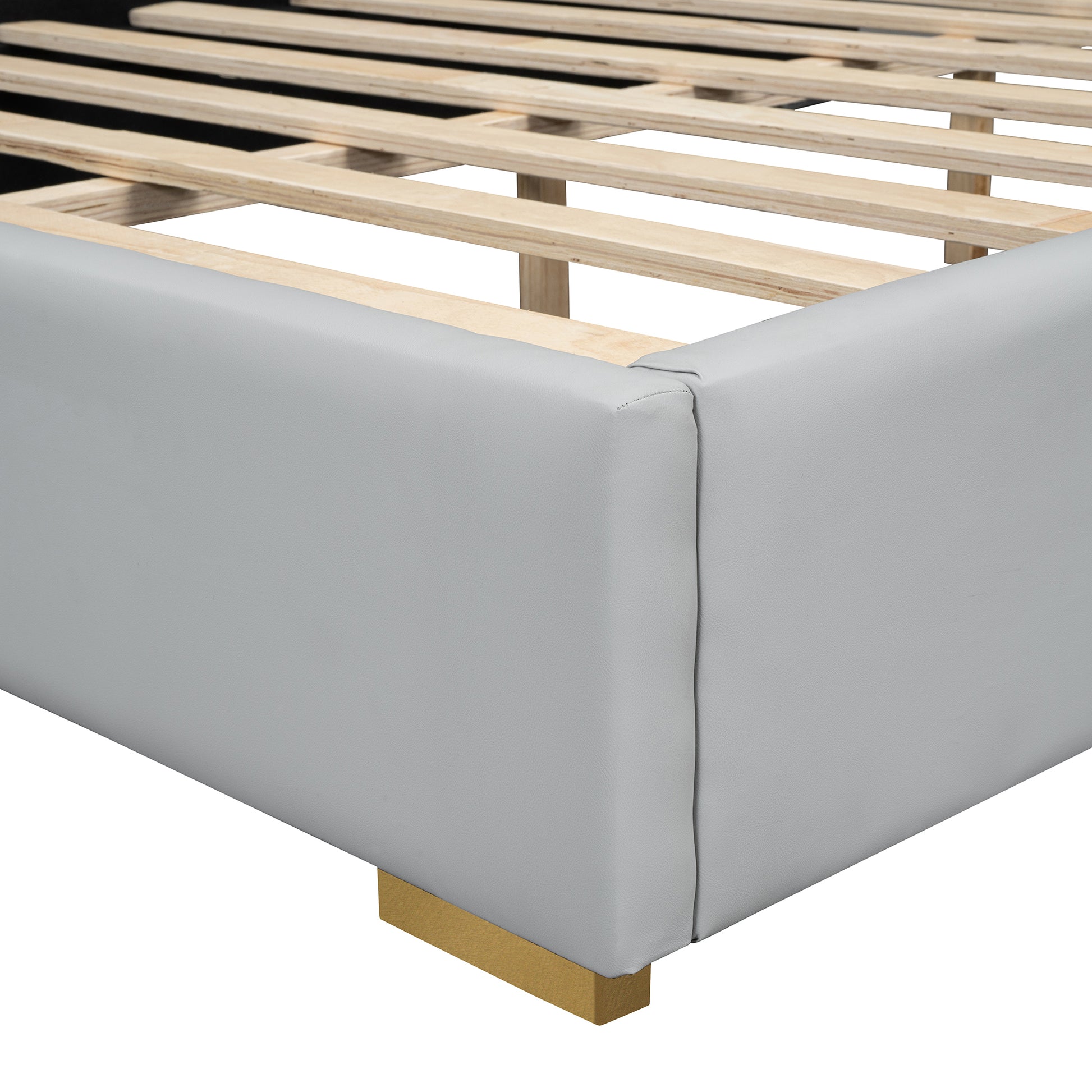 Queen Size Upholstered Platform Bed With Metal Strips, Off White Queen Off White Pu