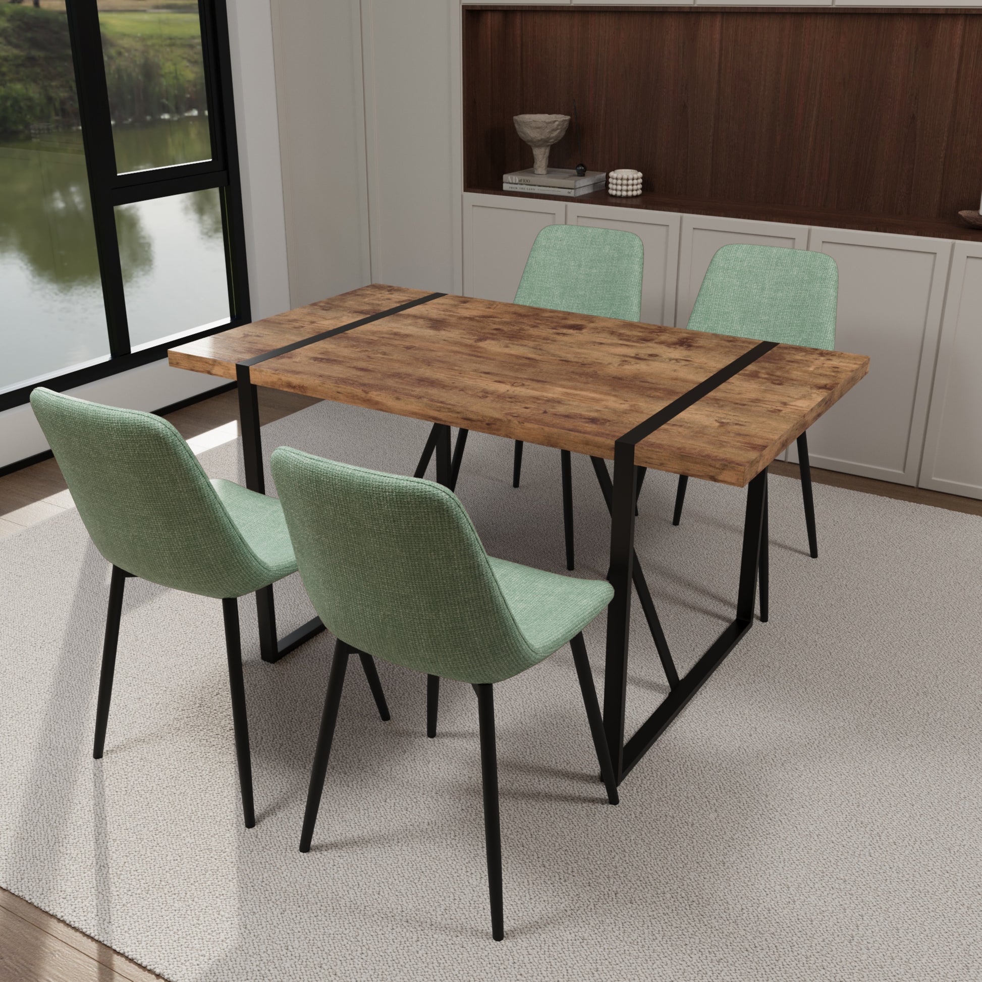 Mdf Dark Wood Dining Table And Modern Dining Chair 4 Piece Set, Medieval Wooden Kitchen Dining Table Set, Rectangular Metal Base, Dining Table And Suede Chair Brown Green Mdf