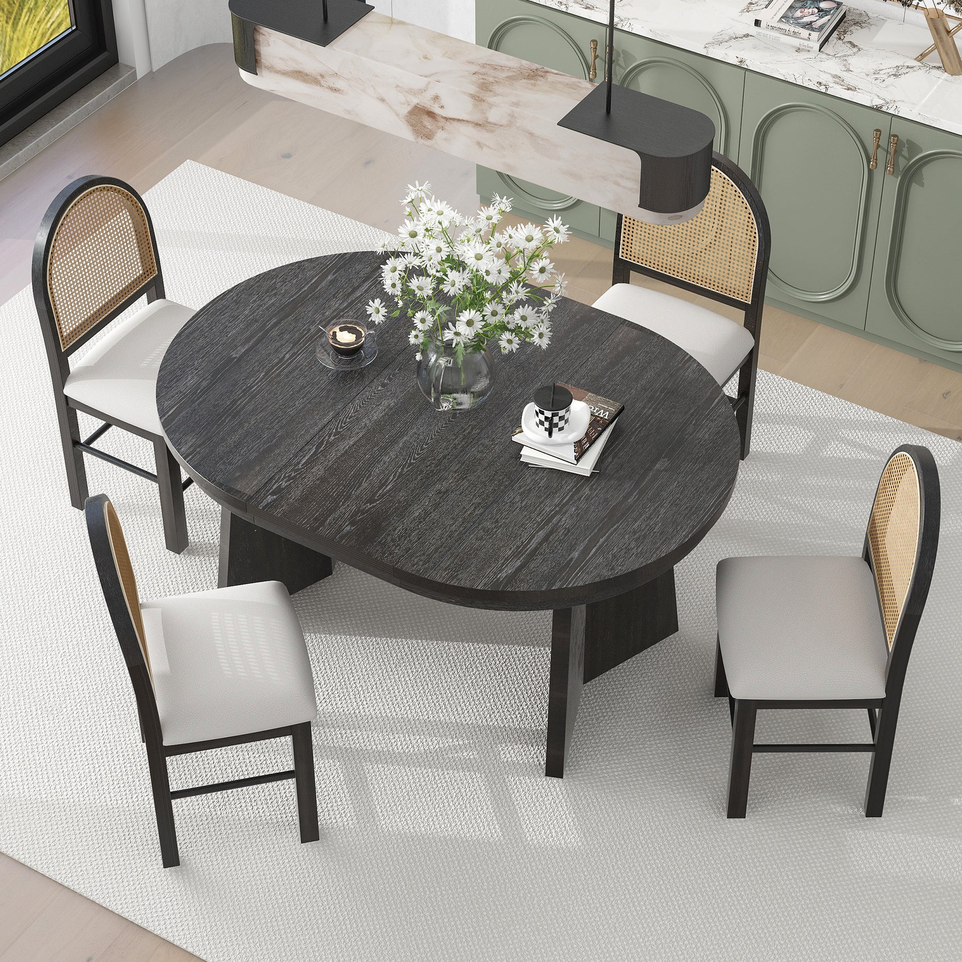 5 Piece Retro Functional Dining Set With 1 Extendable Dining Table And 4 Upholstered Chairs With Rattan Backrests For Dining Room And Kitchen Espresso Espresso Solid Wood Mdf